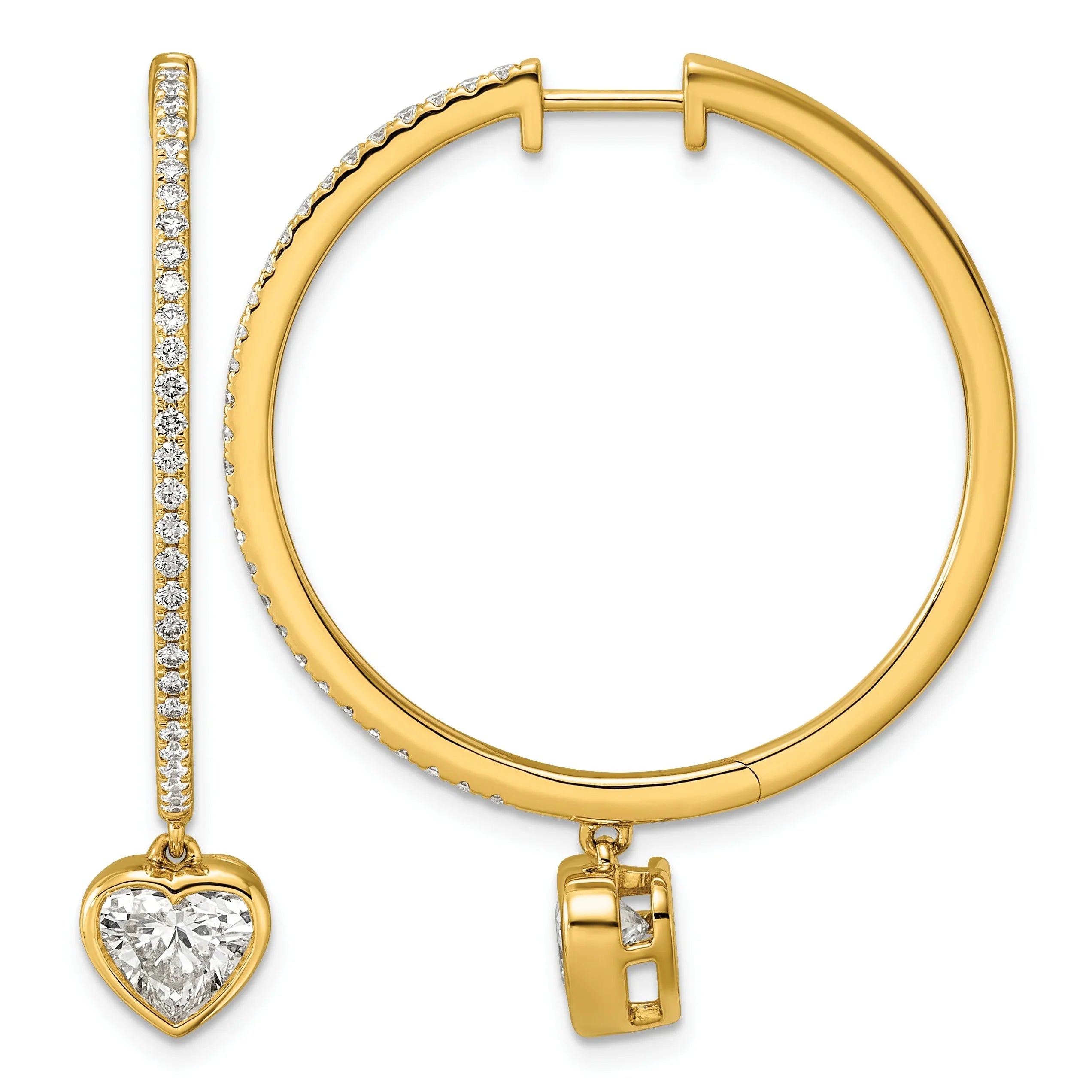 14k Yellow Gold Heart Bezel Dangle Lab Diamond Hoop Earrings - Fine Diamond