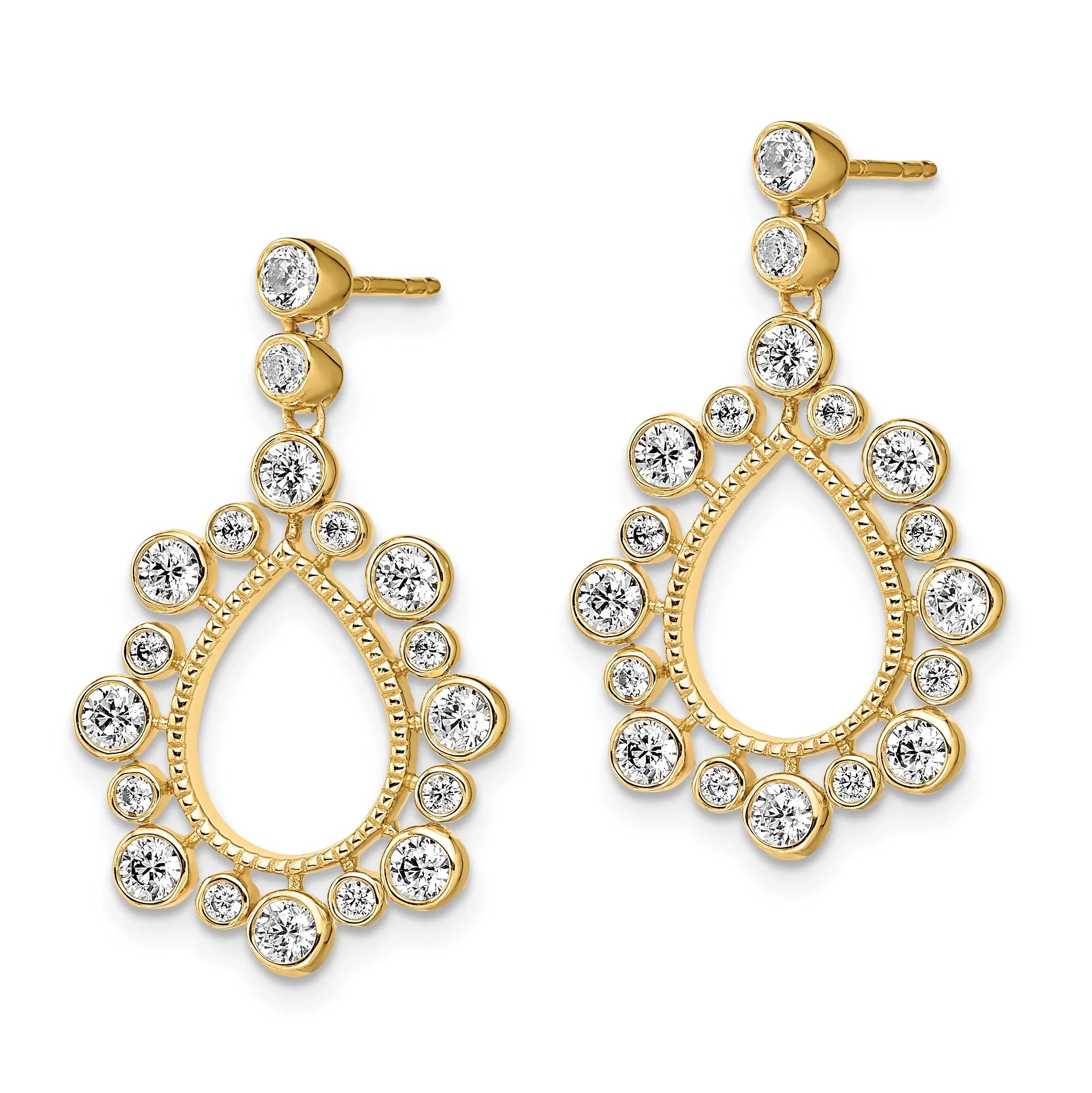 14k Gold Lab Diamond Teardrop Bezel Post Dangle Earrings - Fine Diamond