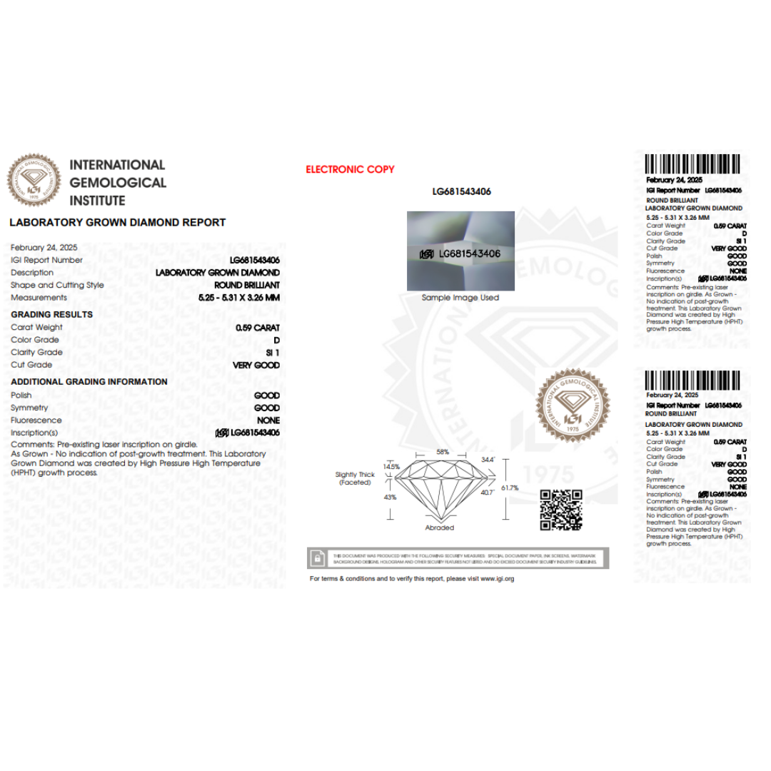 IGI Certified Loose Lab Grown Diamond 0.57 Ct Round Brilliant Cut Diamond VVS2, D for Making Precious Fine Jewelry April Birthstone Gift Custom Jewelry