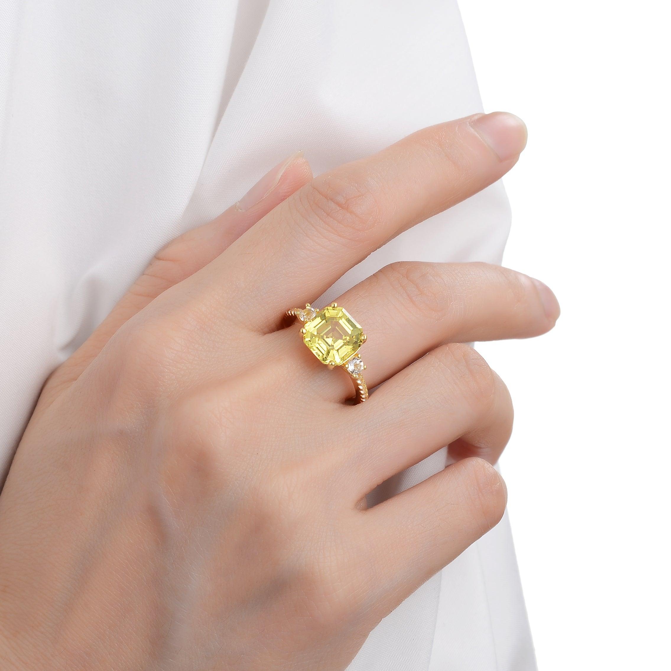 model showcasing YELLOW DIAMOND YELLOW RING lab grown sapphire Sapphire ring gift for girls solitaire ring bright yellow ring lab grown Ring proposal ring gift yellow sapphire ring 18K Yellow Gold ring Engagement Ring - FineColorJewels