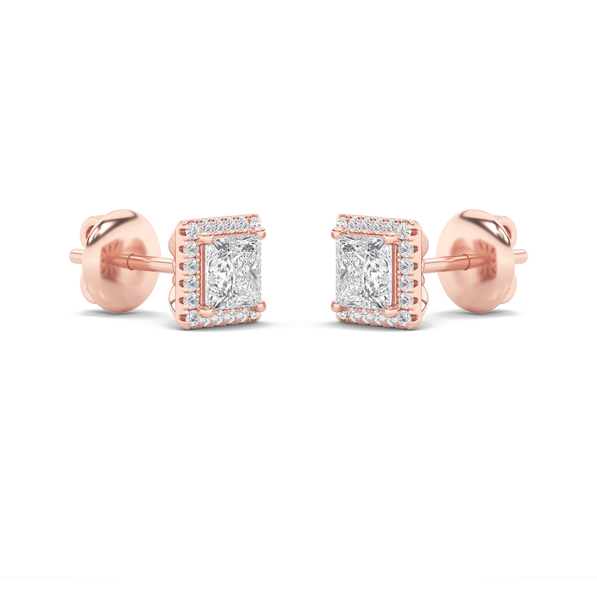 2Cttw Princess Shaped Lab Grown Diamond (F/VS) Halo Stud Earrings in 14K Gold