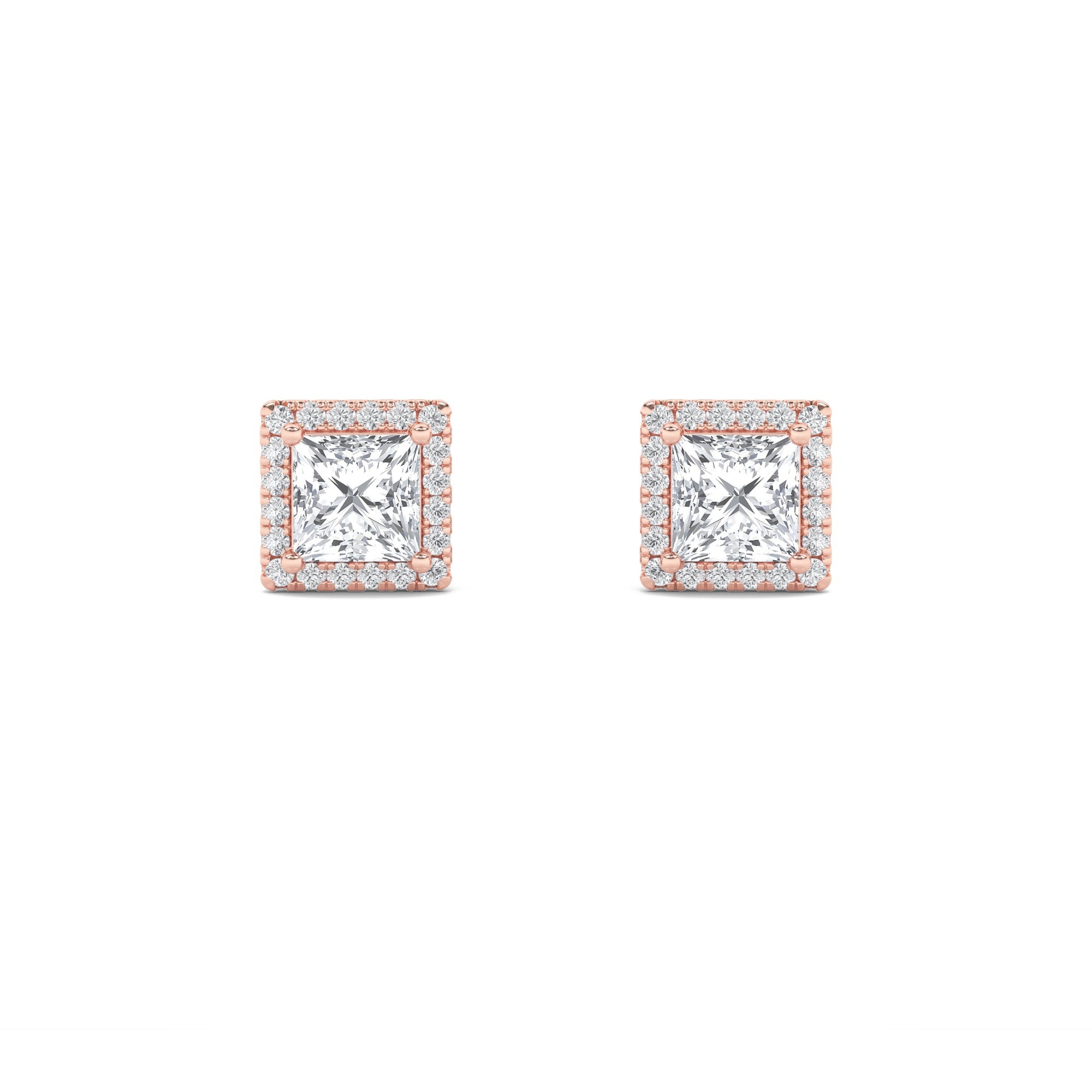 2Cttw Princess Shaped Lab Grown Diamond (F/VS) Halo Stud Earrings in 14K Gold