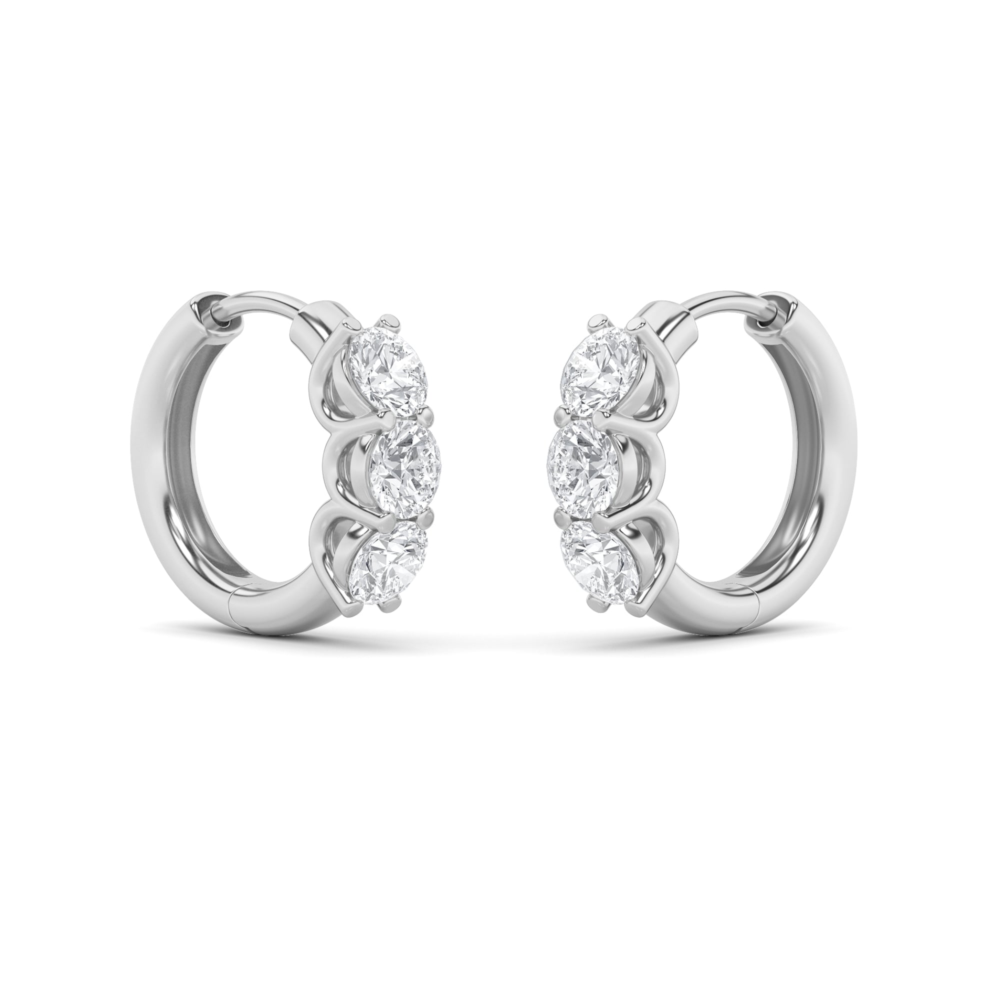 2Cttw Round Shaped Lab Grown Diamond (F/VS) ThreeStone Huggie Earrings in 14K Gold