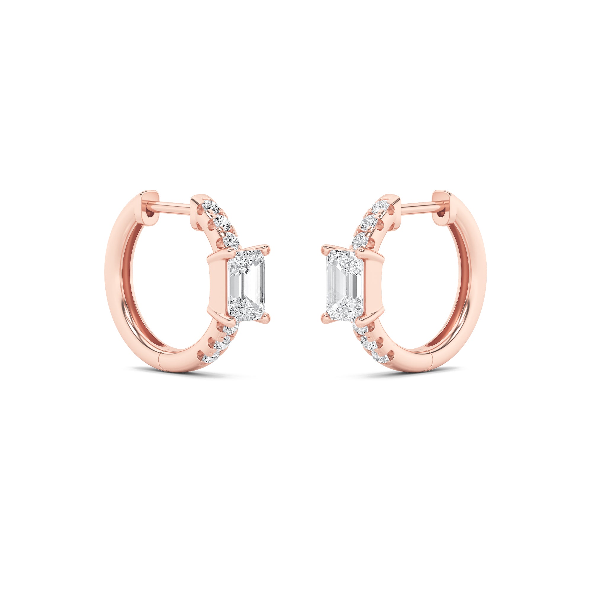 1.5Cttw Emerald Shaped Lab Grown Diamond (F/VS) Solitare Accent Huggie Earrings in 14K Gold