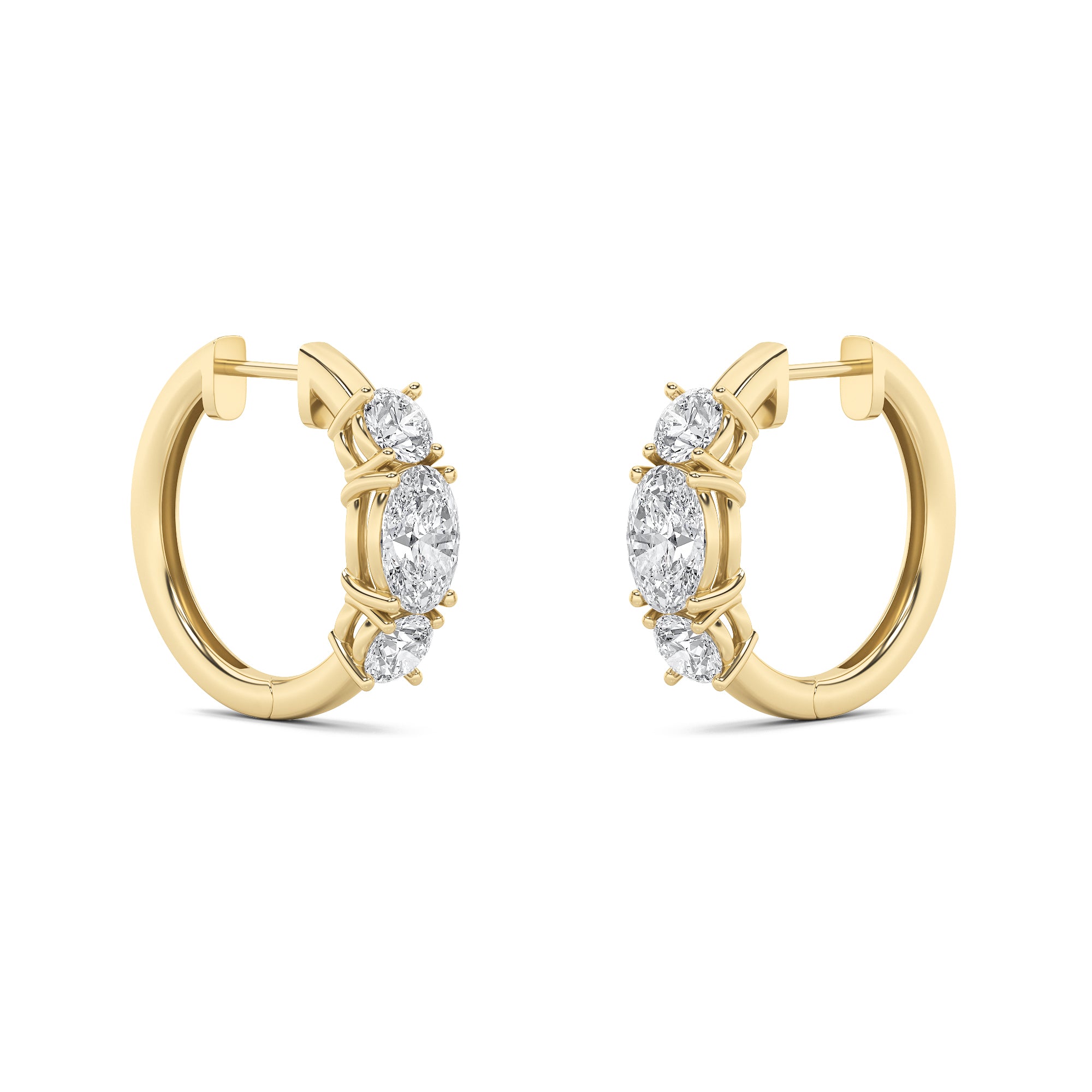 2.5Cttw Oval Shaped Lab Grown Diamond (F/VS) ThreeStone Huggie Earrings in 14K Gold