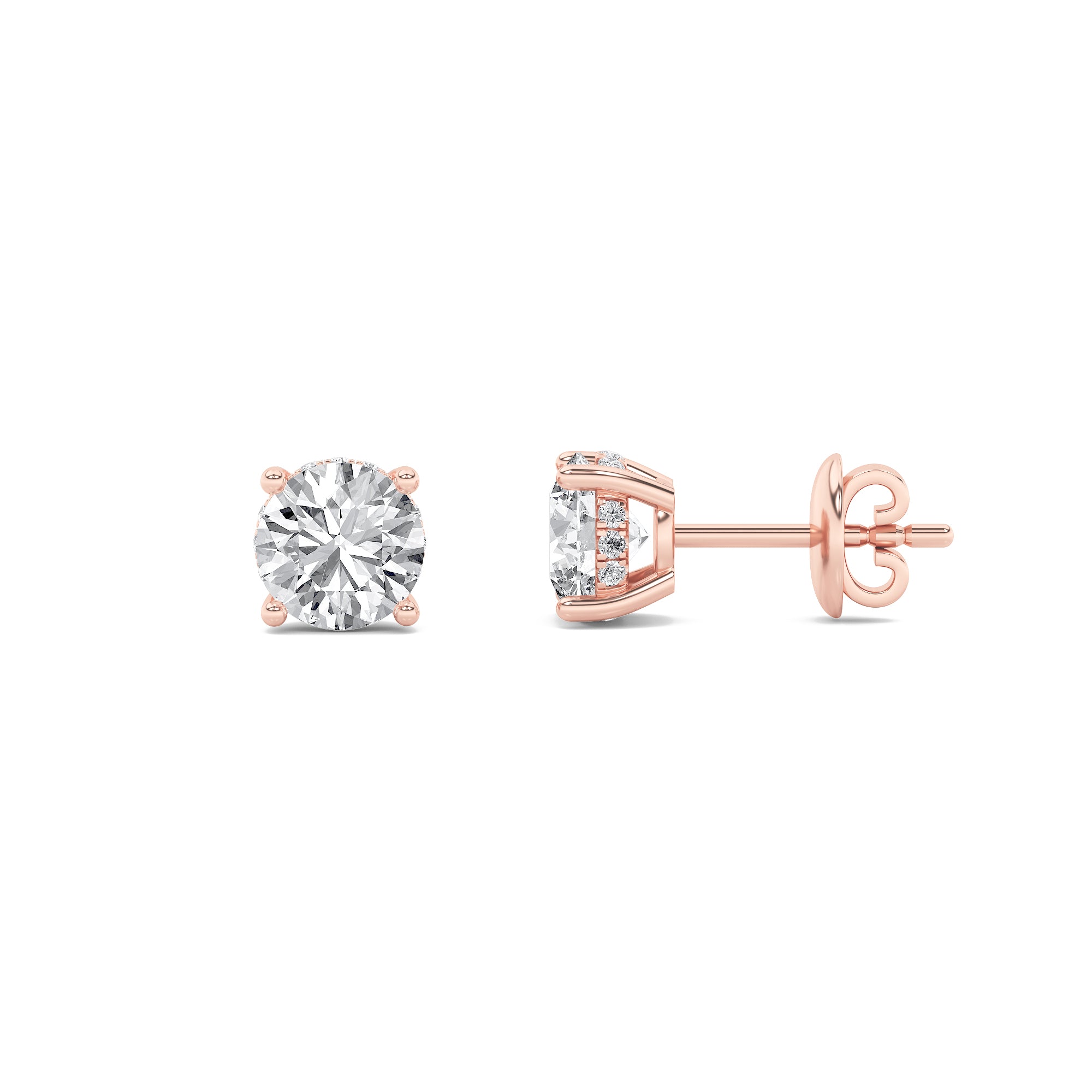 Round Shaped Lab Grown Diamond Hidden Halo Stud Earrings in 14K Gold