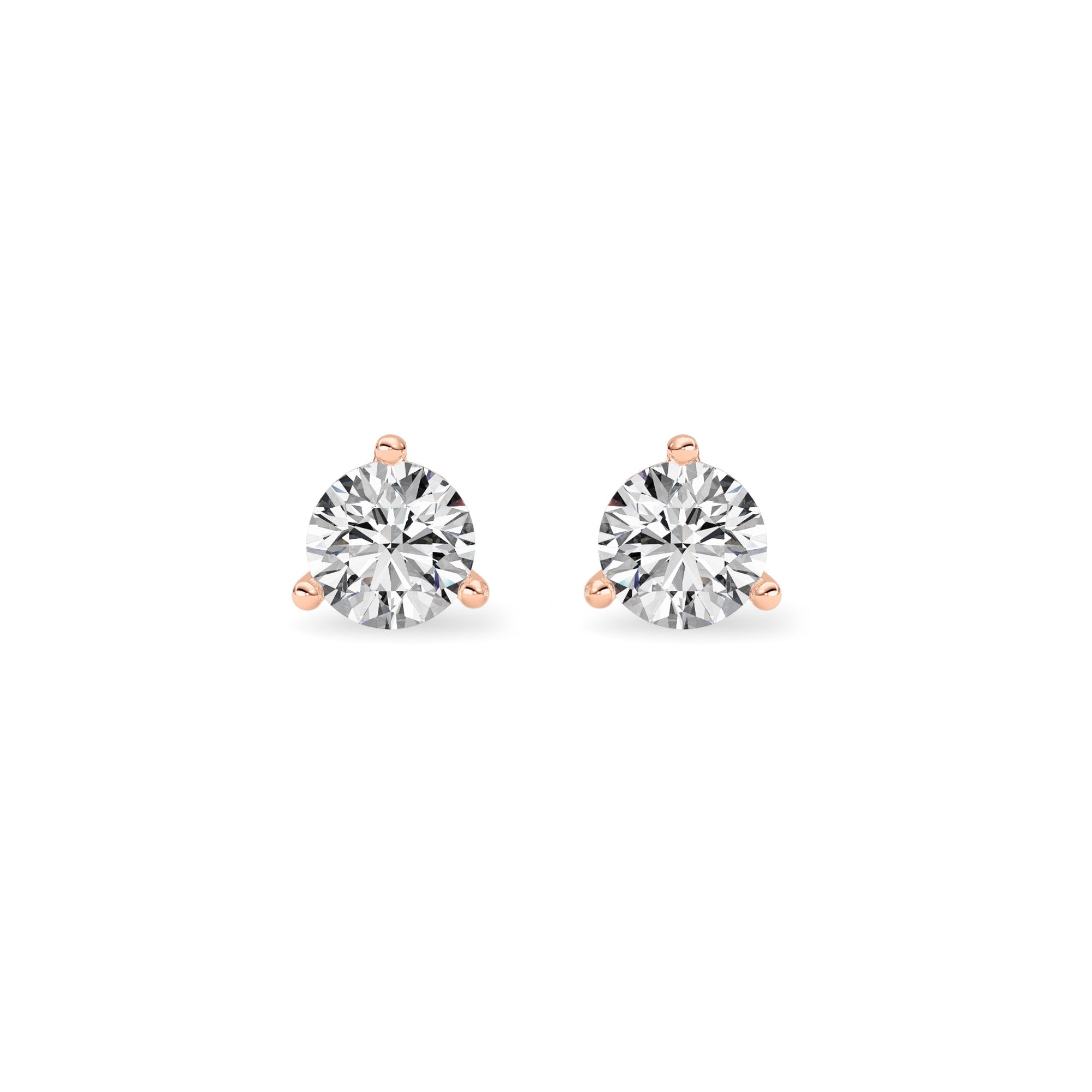 Round Shaped Lab Grown Diamond Three Prong Martini Stud Earrings in 14K Gold