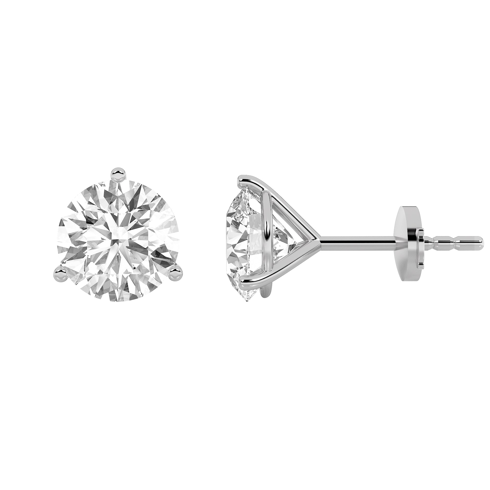 Round Shaped Lab Grown Diamond Three Prong Martini Stud Earrings in 14K Gold