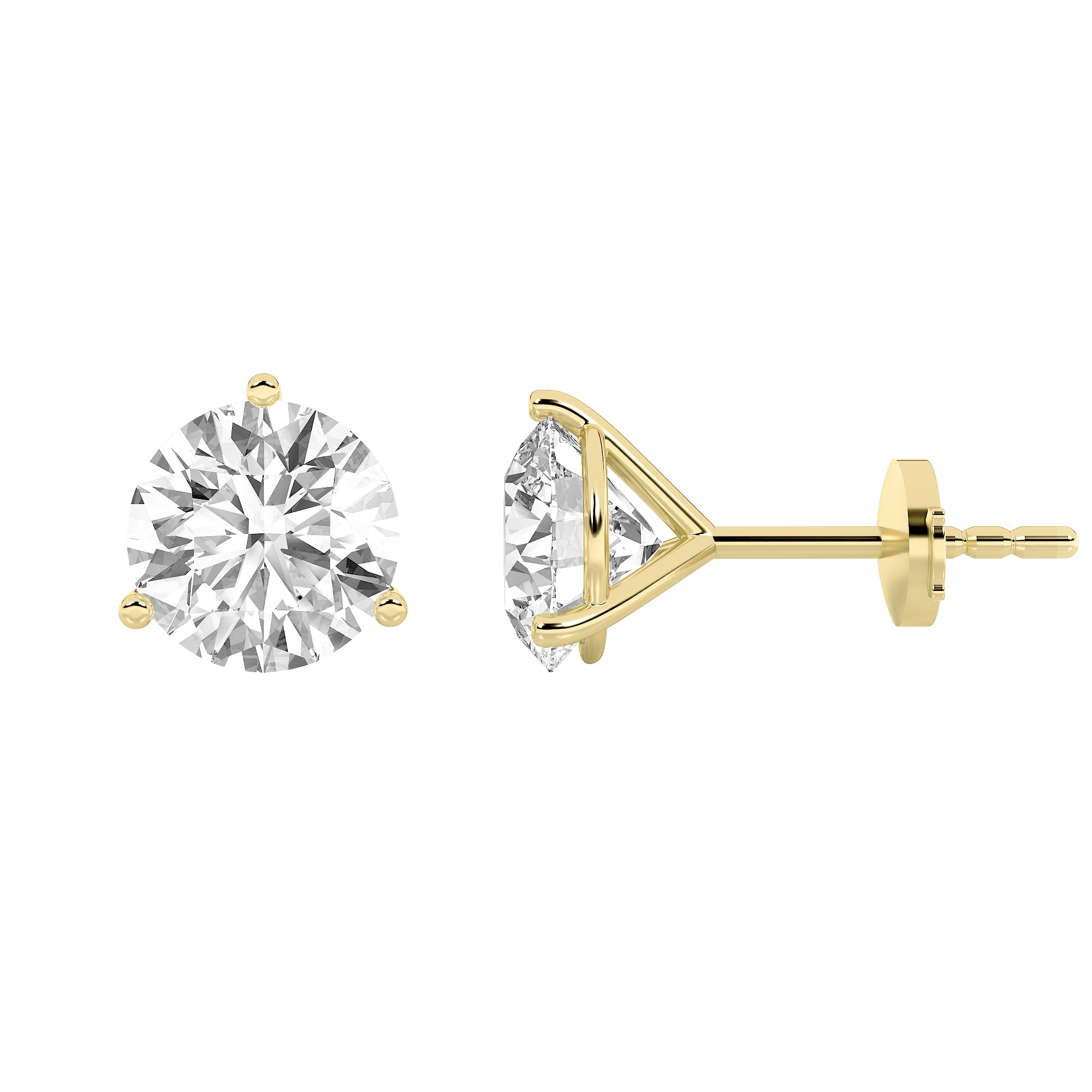 Round Shaped Lab Grown Diamond Three Prong Martini Stud Earrings in 14K Yellow Gold