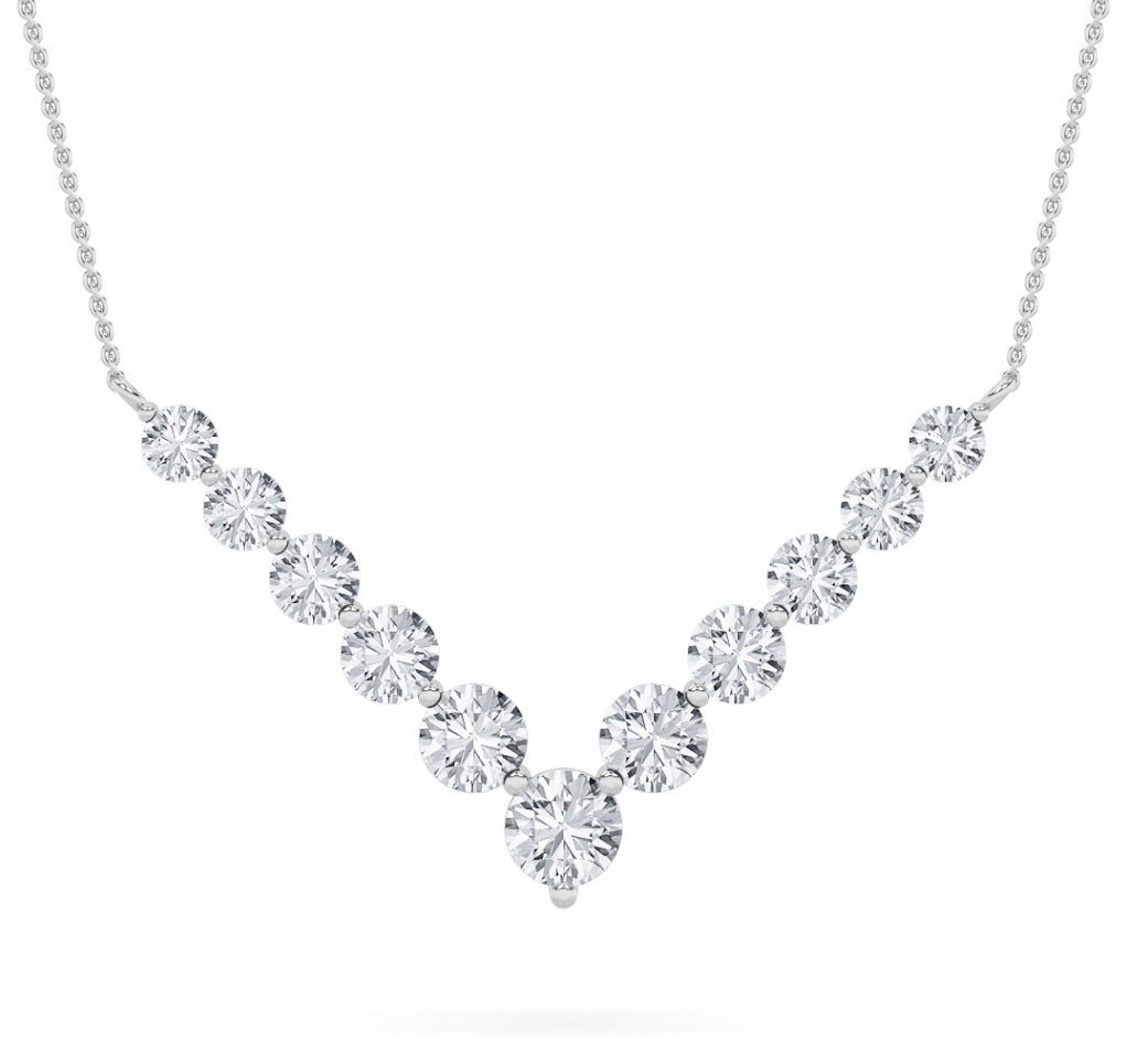 5.0ct Round Shaped Lab Grown Diamond (F/VS) Graduating V Necklace in 14K White Gold