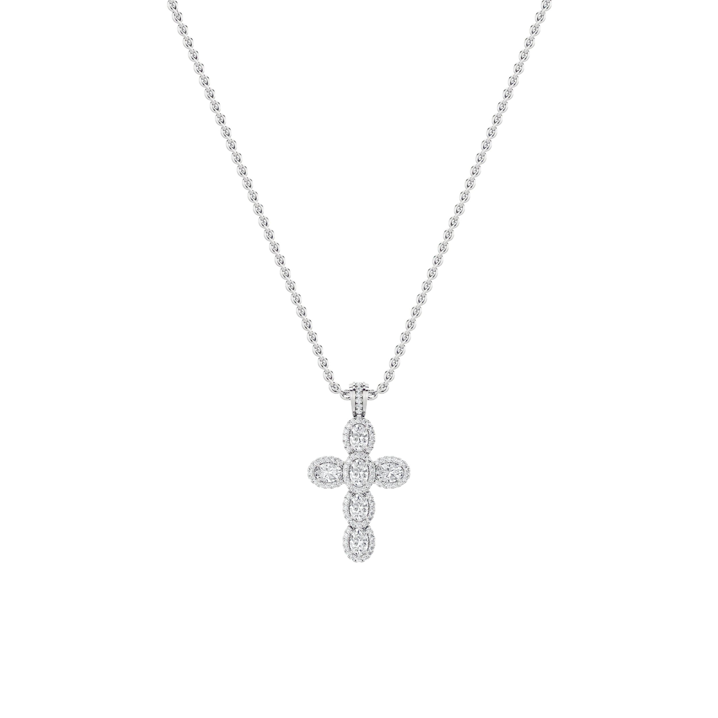 3.0 Ct Oval (F/VS) Lab Grown Diamond Prong 14K White Gold Fancy Halo Cross Pendant Necklace