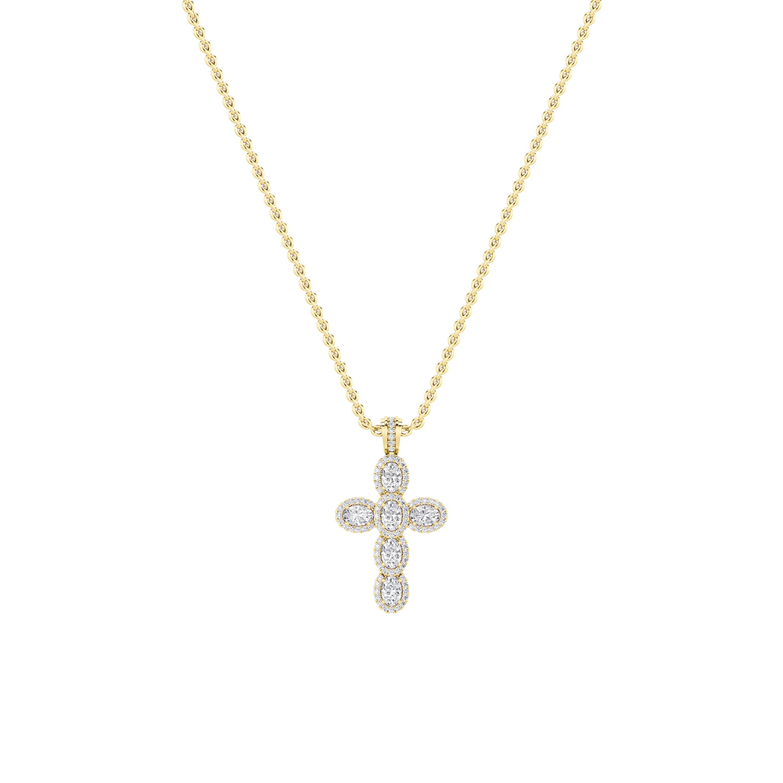 3.0 Ct Oval (F/VS) Lab Grown Diamond Prong 14K Yellow Gold Fancy Halo Cross Pendant Necklace