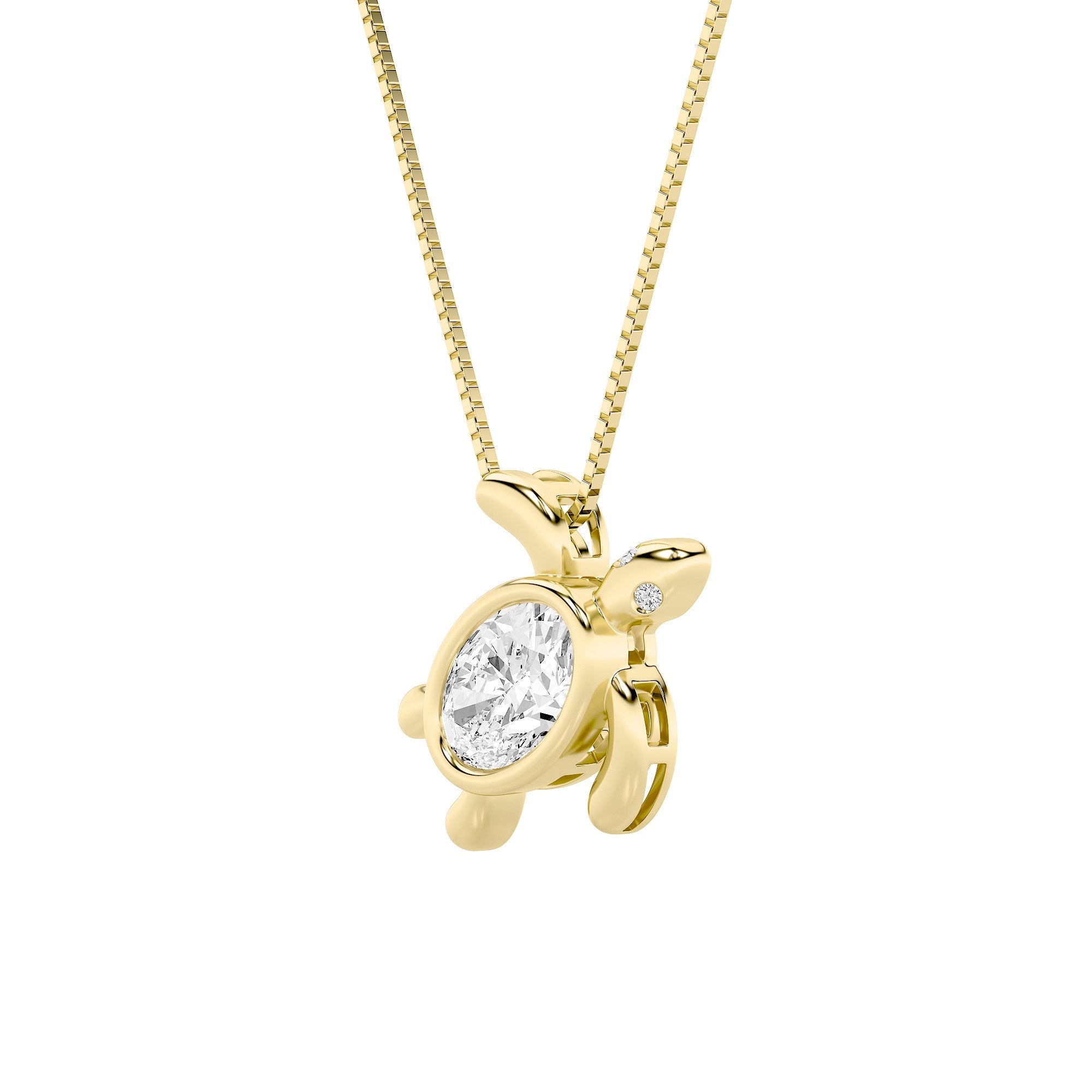 1.5ct Oval Shaped Lab Grown Diamond (F/VS) Bezel Set Turtle Pendant in 14K Yellow Gold