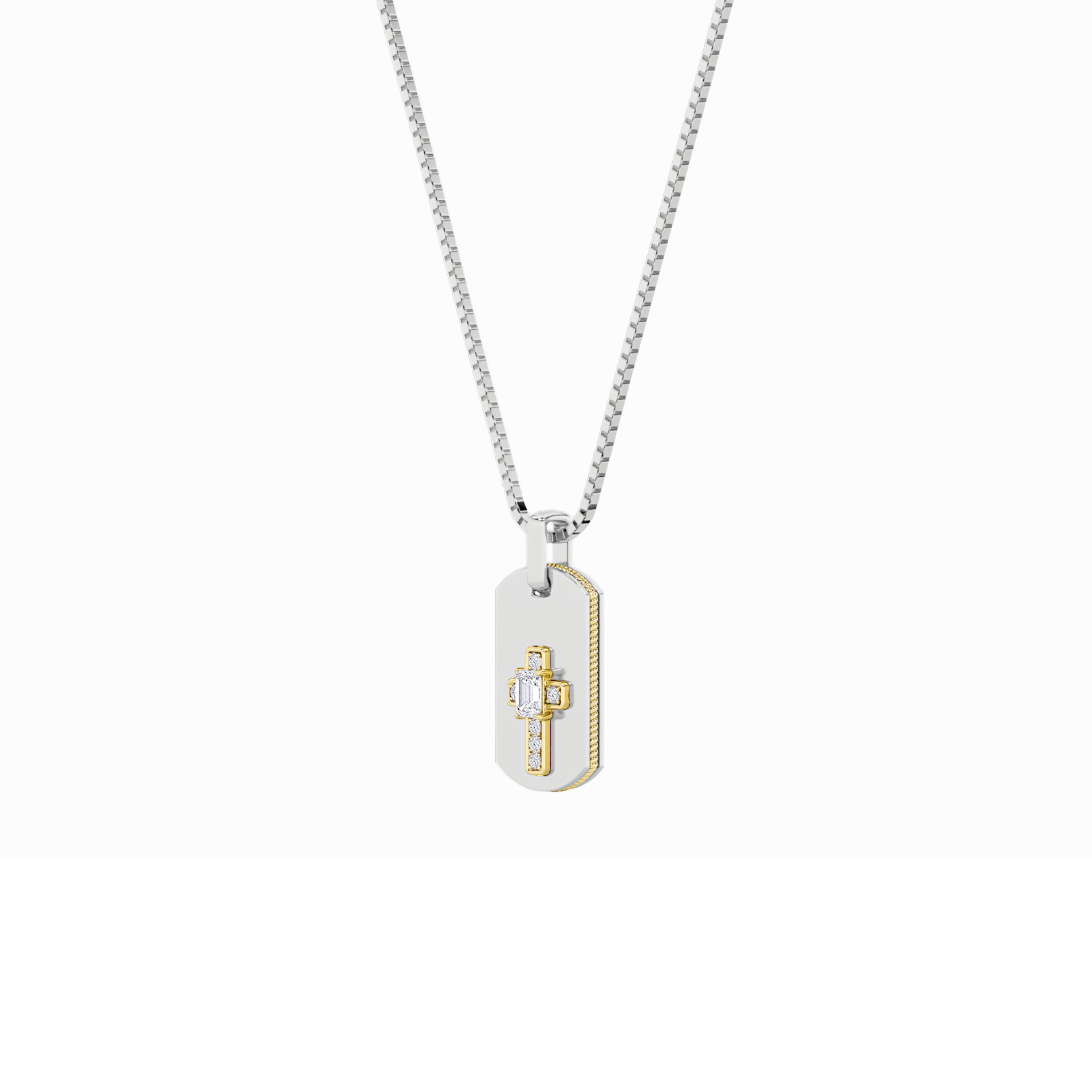 1.0ct Emerald Shaped Lab Grown Diamond (F/VS) Dog Tag Pendant in 14K White Gold & Yellow Gold