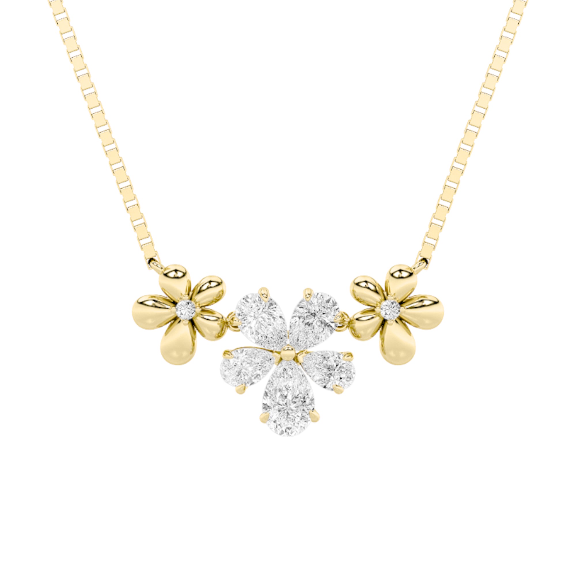 2.0 Ct Pear (F/VS) Lab Grown Diamond Prong 10K Yellow Gold Fancy Floral Pendant Necklace