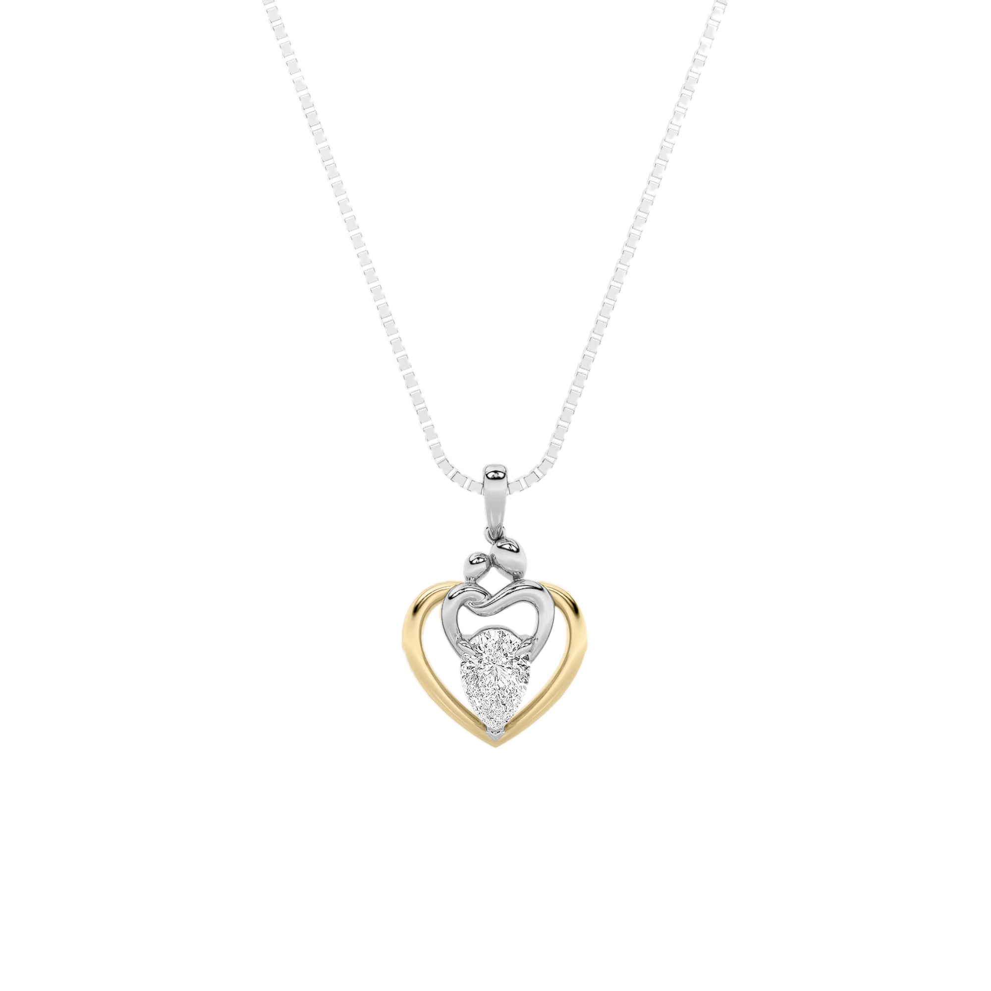 1.5ct Pear Shaped Lab Grown Diamond (F/VS) Heart Shaped Pendant in 14K Yellow Gold & White Gold