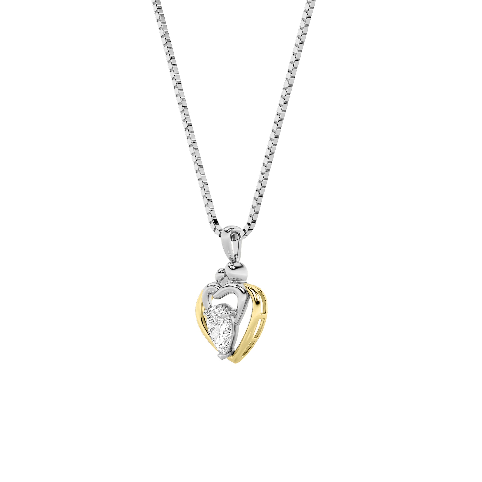 1.5ct Pear Shaped Lab Grown Diamond (F/VS) Heart Shaped Pendant in 14K Yellow Gold & White Gold