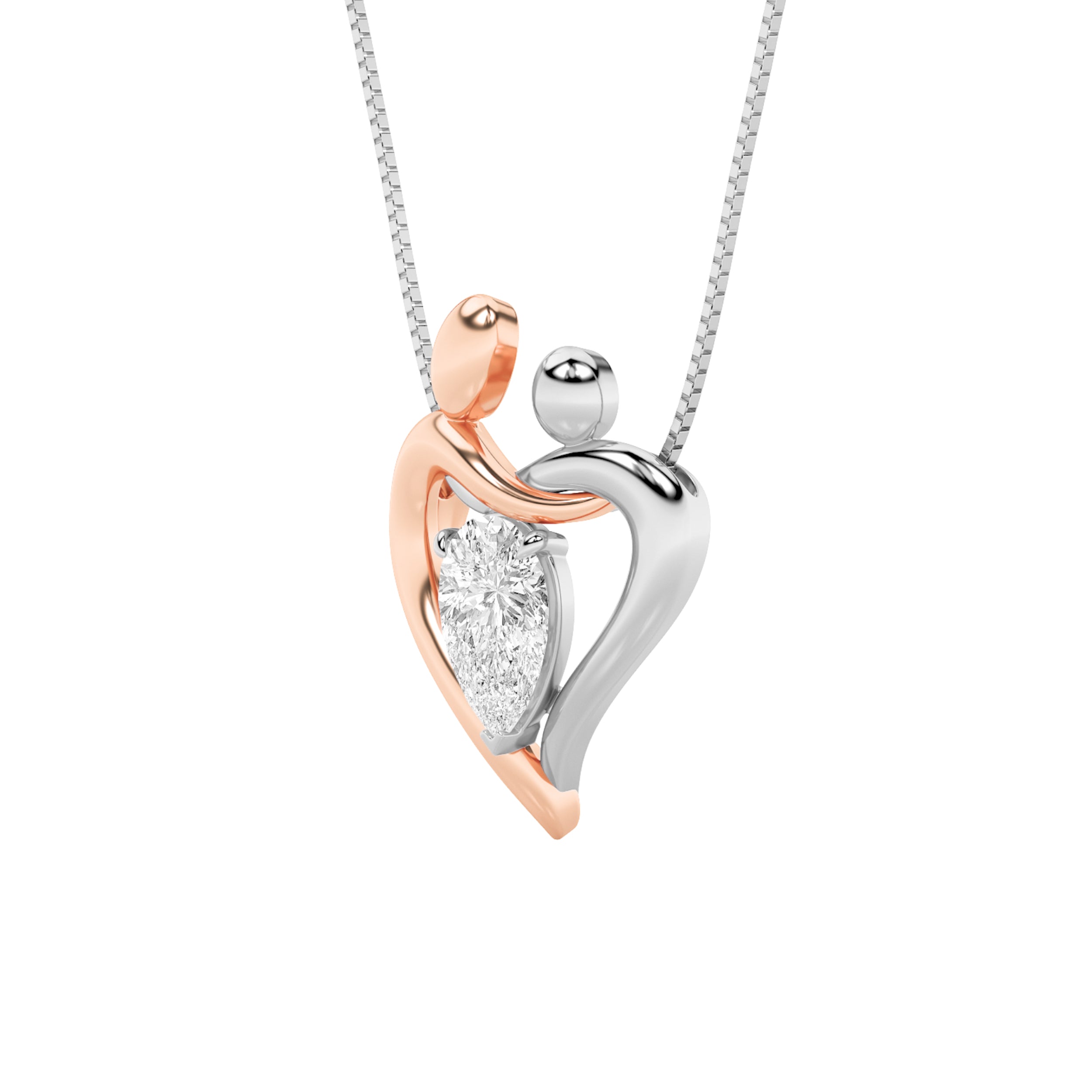 1.5ct Pear Shaped Lab Grown Diamond (F/VS) Mother and Child Heart Shaped Pendant in 14K White Gold & Rose Gold