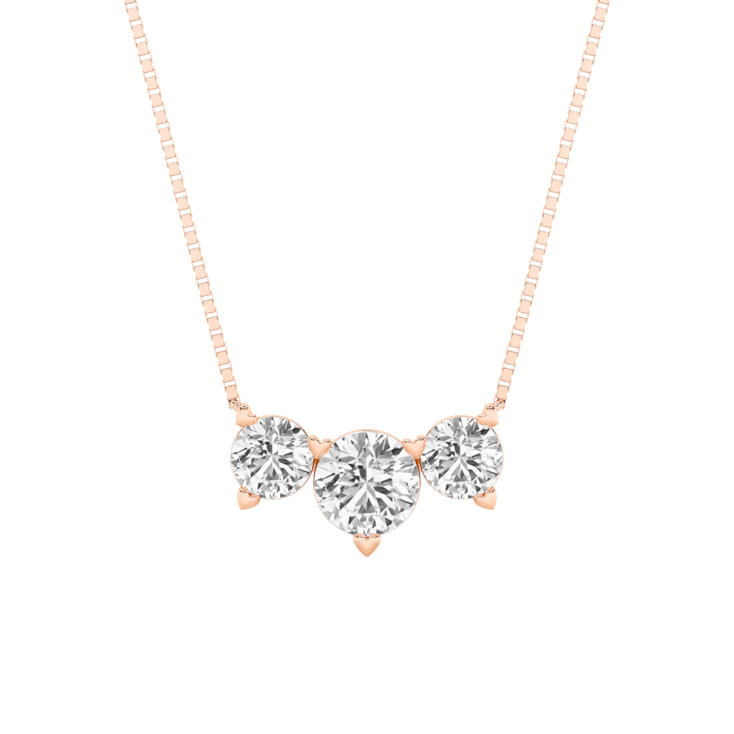 2 Ct Round (F/VS) Lab Grown Diamond Prong 14K Rose Gold Three-Stone Past Present Future Pendant Necklace