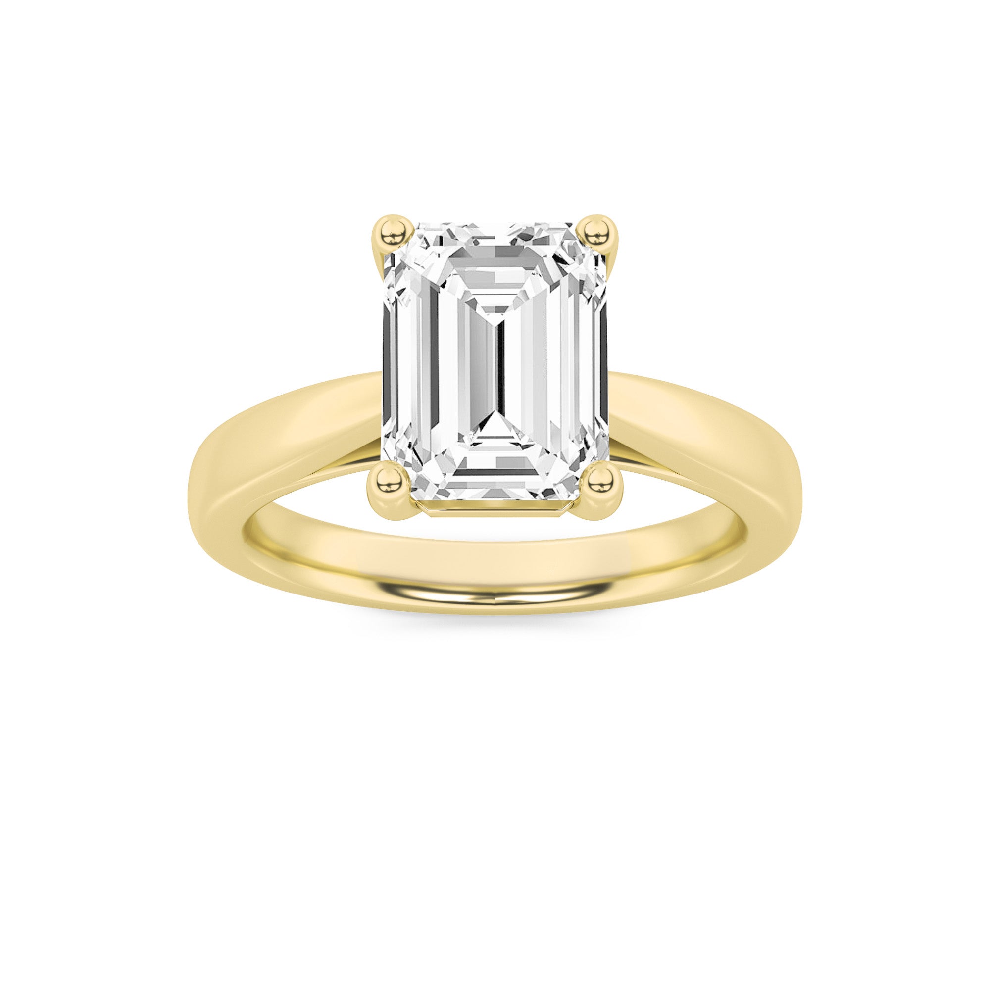 3Cttw Emerald Shaped Lab Grown Diamond (F/VS) Plain Cathedral Trellis Shank Solitaire Engagement Ring in 14K Gold
