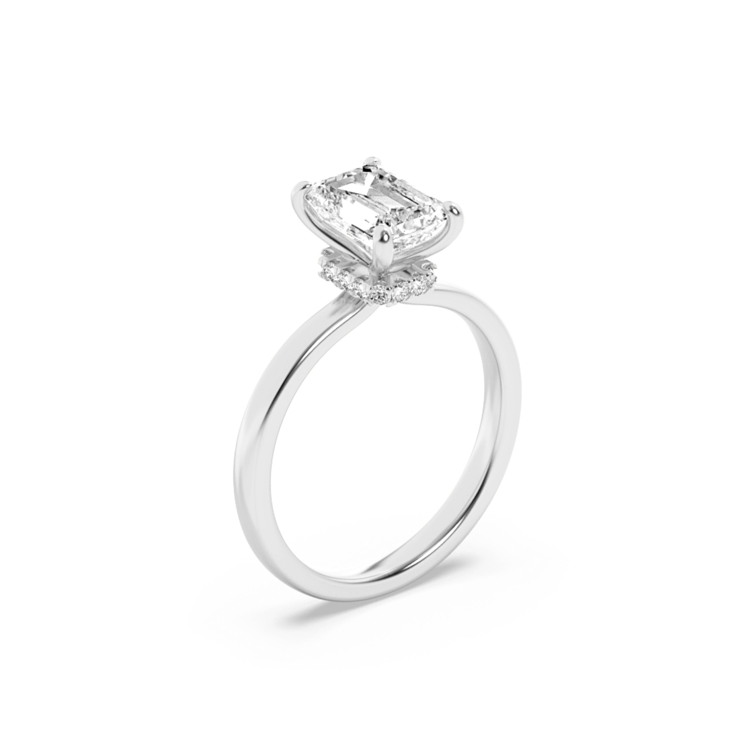 1Cttw Emerald Shaped Lab Grown Diamond (F/VS) Hidden Halo Plain Shank Engagement Ring in 14K Gold