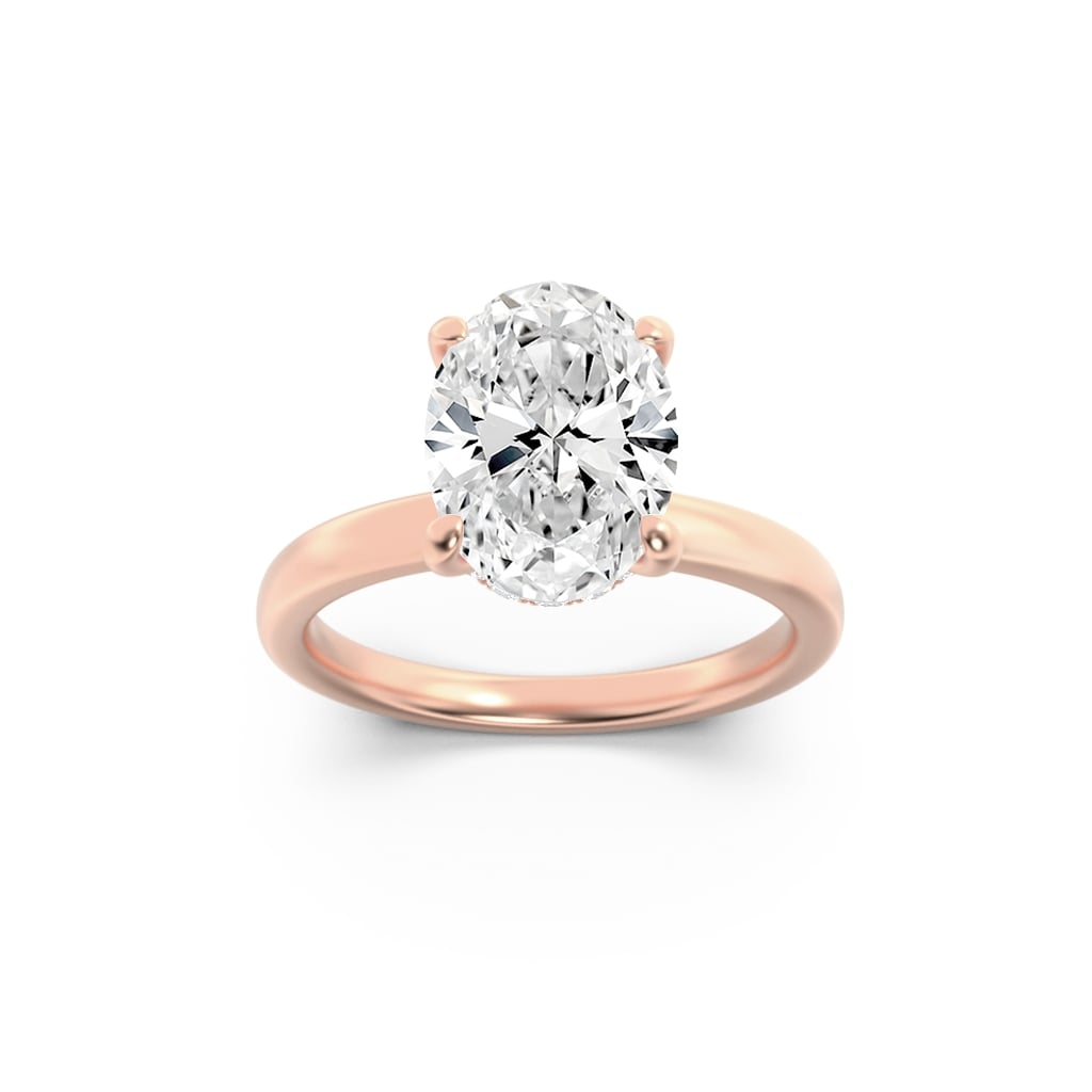 1Cttw Oval Shaped Lab Grown Diamond (F/VS) HiddenHalo Plain Shank Engagement Ring in 14K Gold