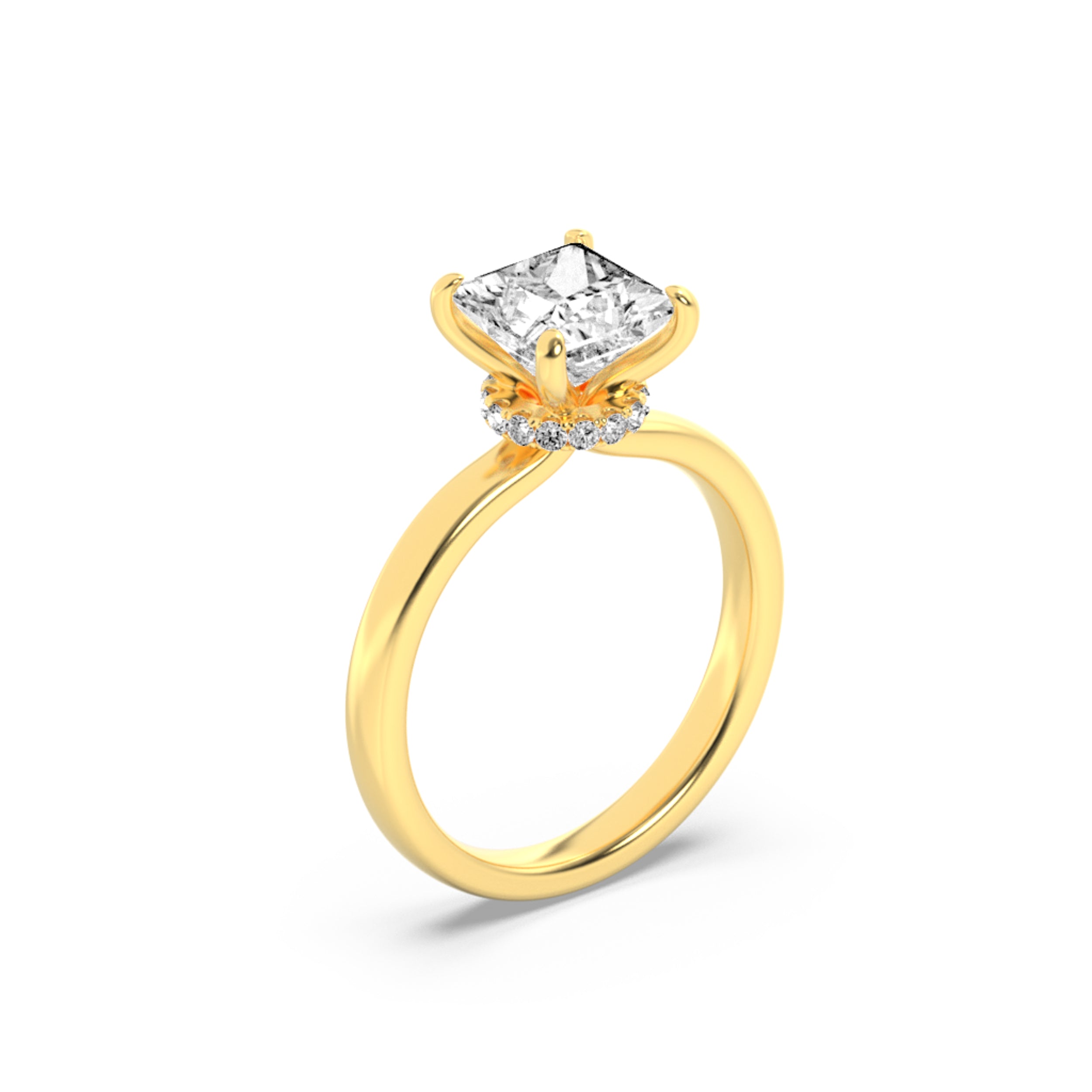 2Cttw Princess Shaped Lab Grown Diamond (F/VS) Hidden Halo Plain Shank Engagement Ring in 14K Gold