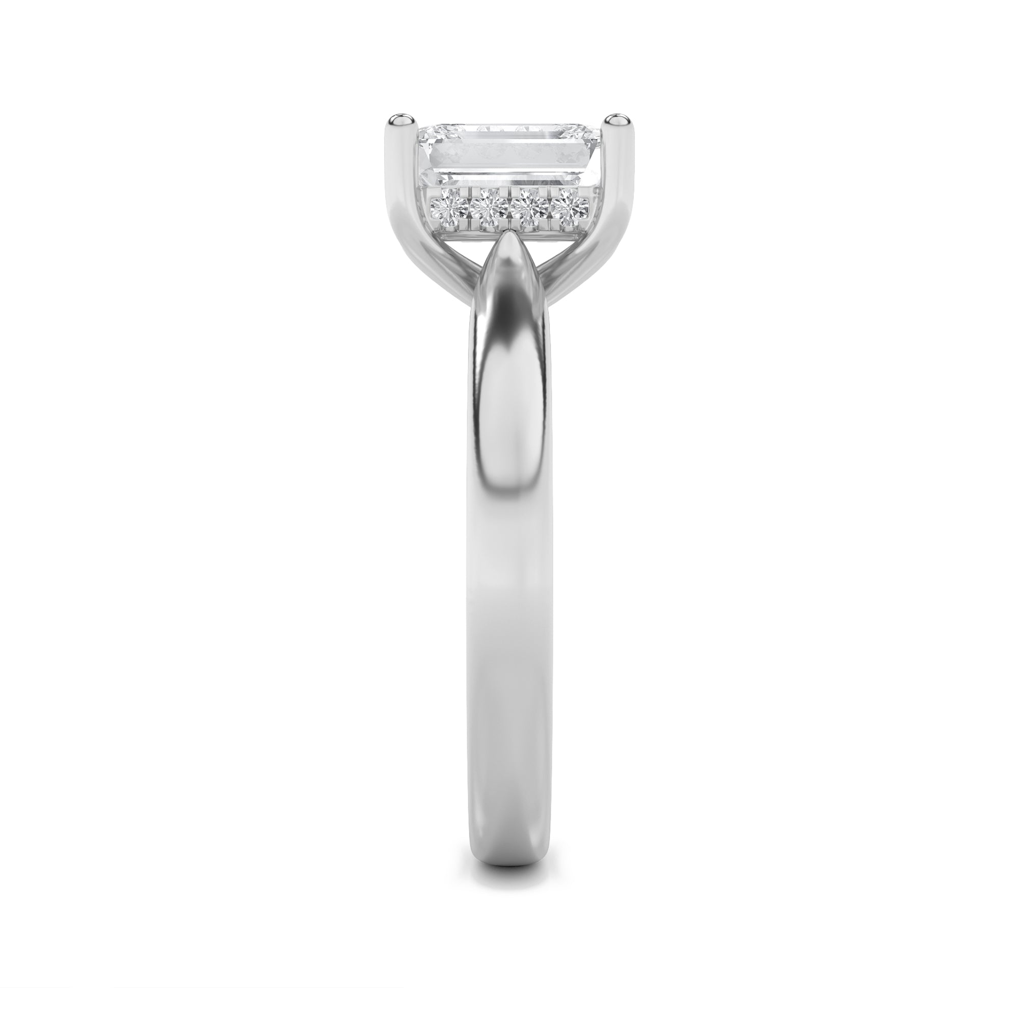 1Cttw Emerald Shaped Lab Grown Diamond (F/VS) Hidden Halo Cathedral Shank Engagement Ring in 14K Gold