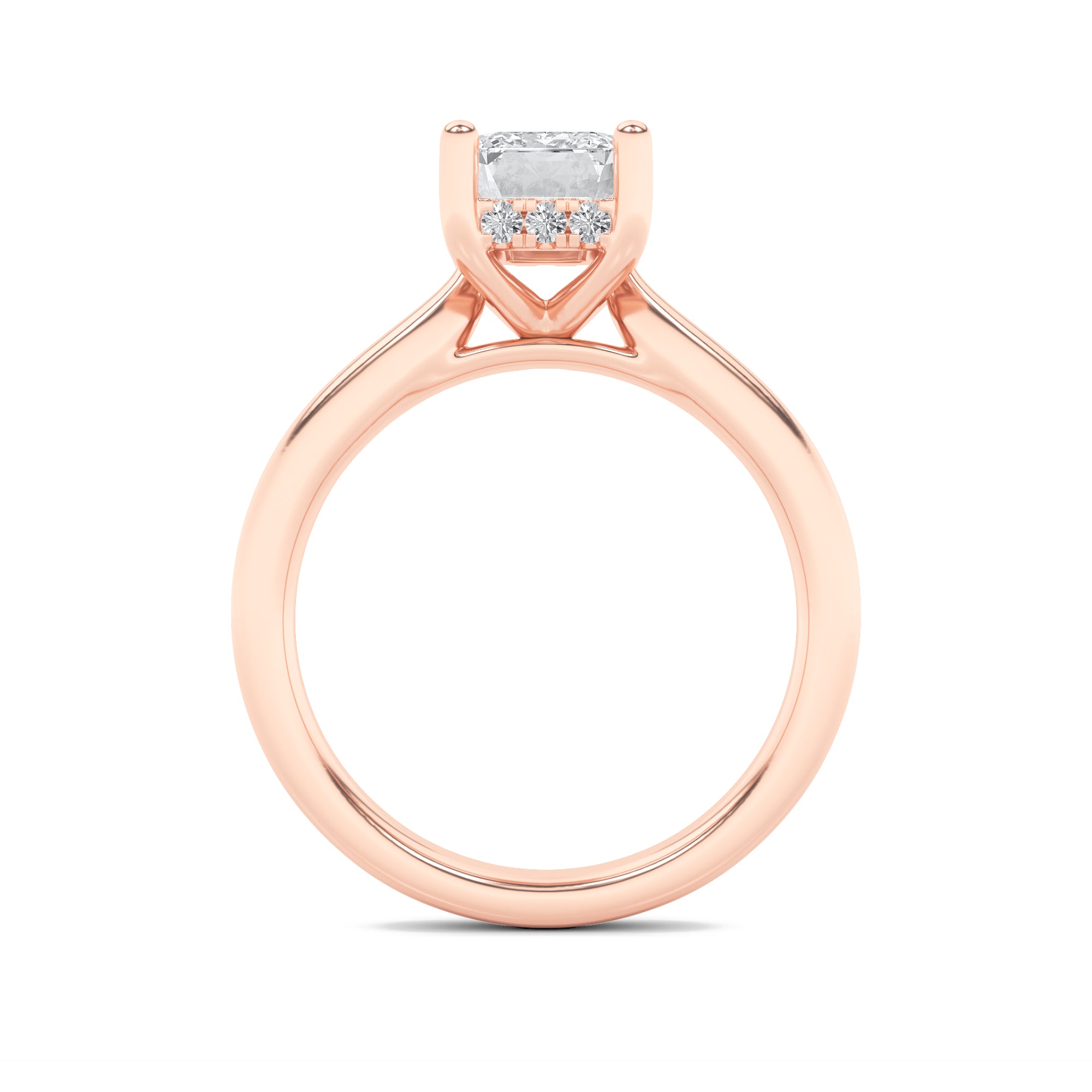 2Cttw Emerald Shaped Lab Grown Diamond (F/VS) Hidden Halo Cathedral Shank Engagement Ring in 14K Gold