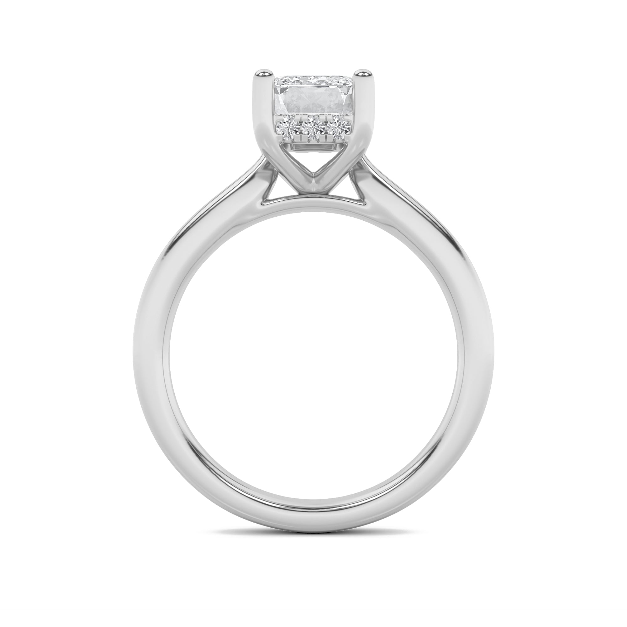 3Cttw Emerald Shaped Lab Grown Diamond (F/VS) Hidden Halo Cathedral Shank Engagement Ring in 14K Gold