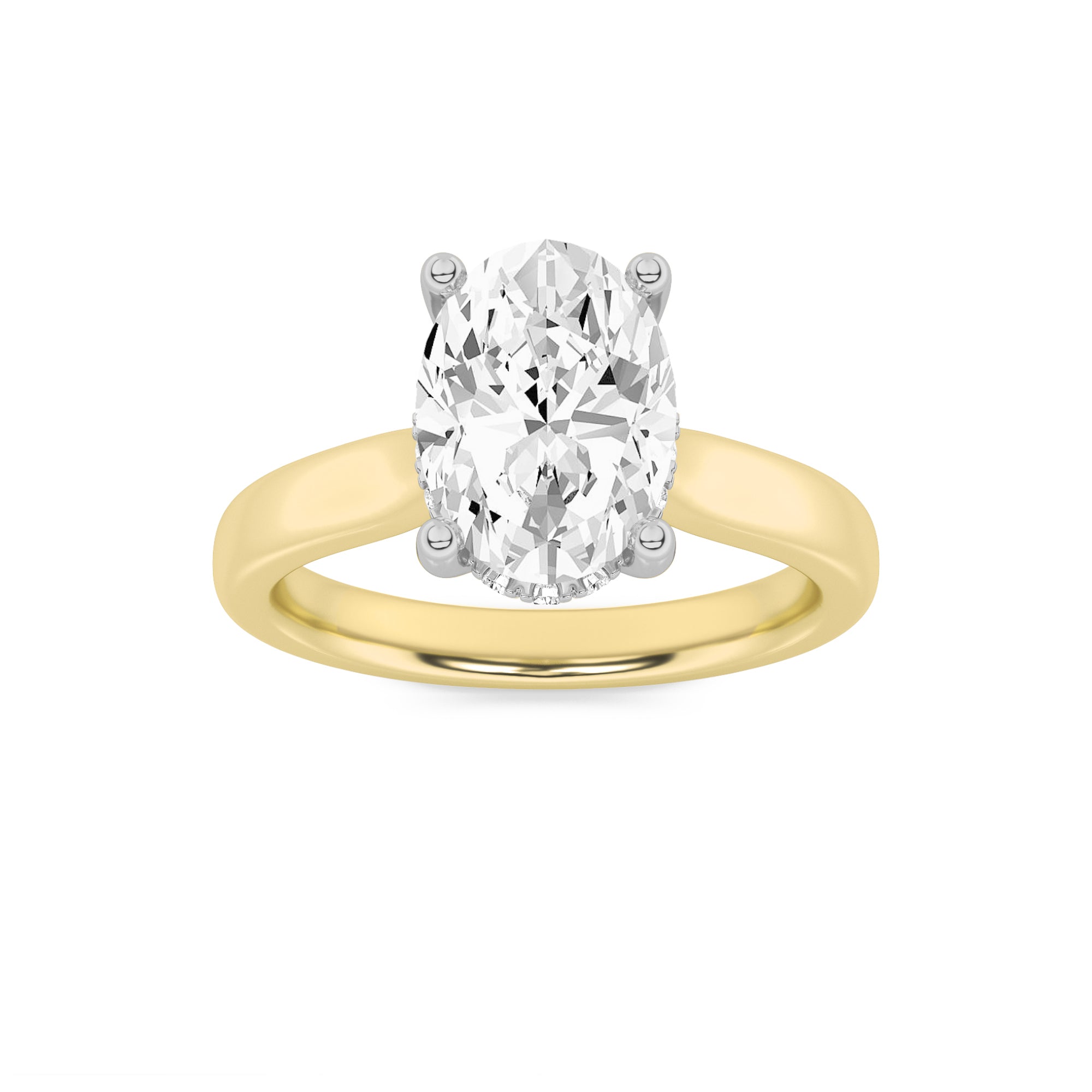 2Cttw Oval Shaped Lab Grown Diamond (F/VVS) HiddenHalo Cathedral Shank Engagement Ring in 14K Gold