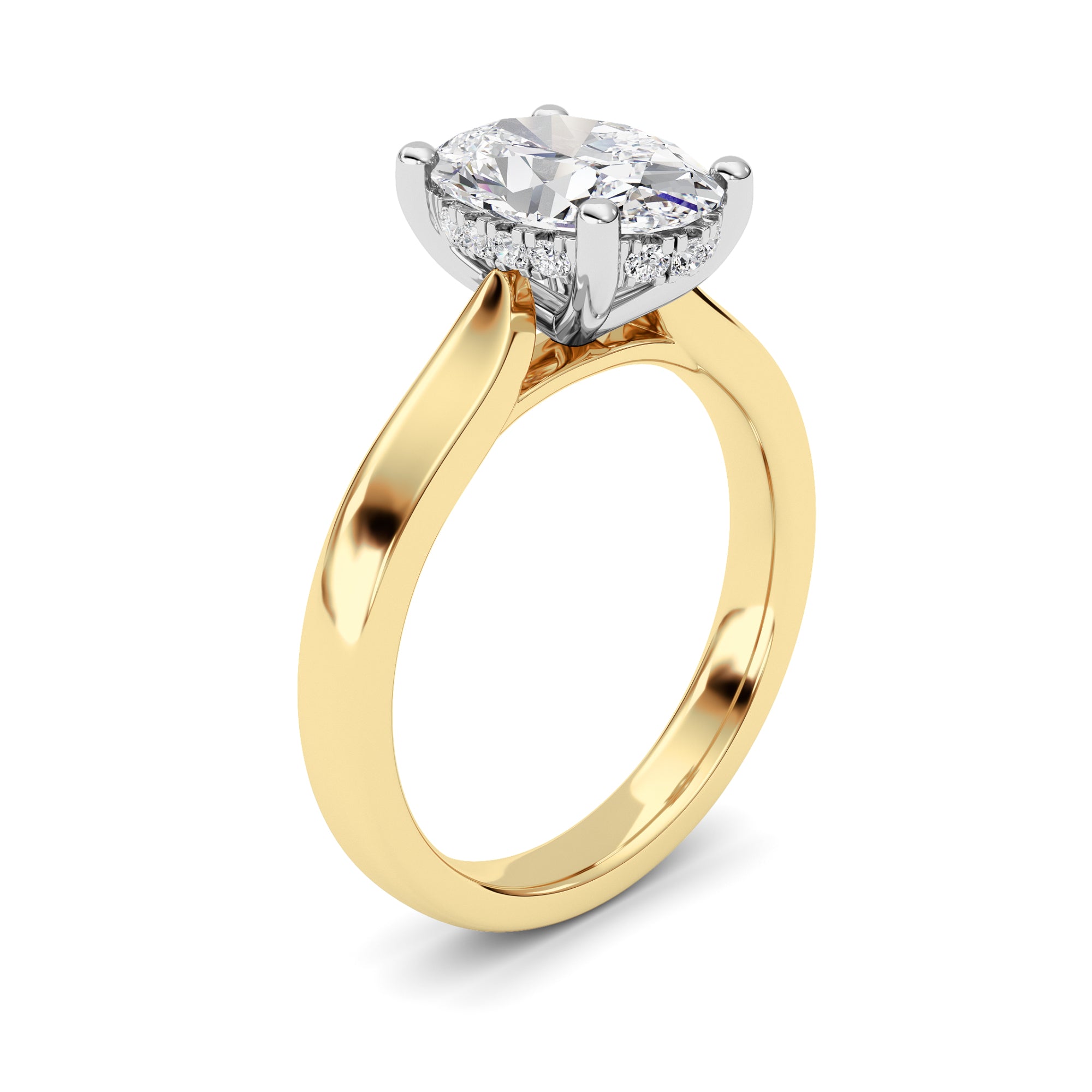 2Cttw Oval Shaped Lab Grown Diamond (F/VVS) HiddenHalo Cathedral Shank Engagement Ring in 14K Gold