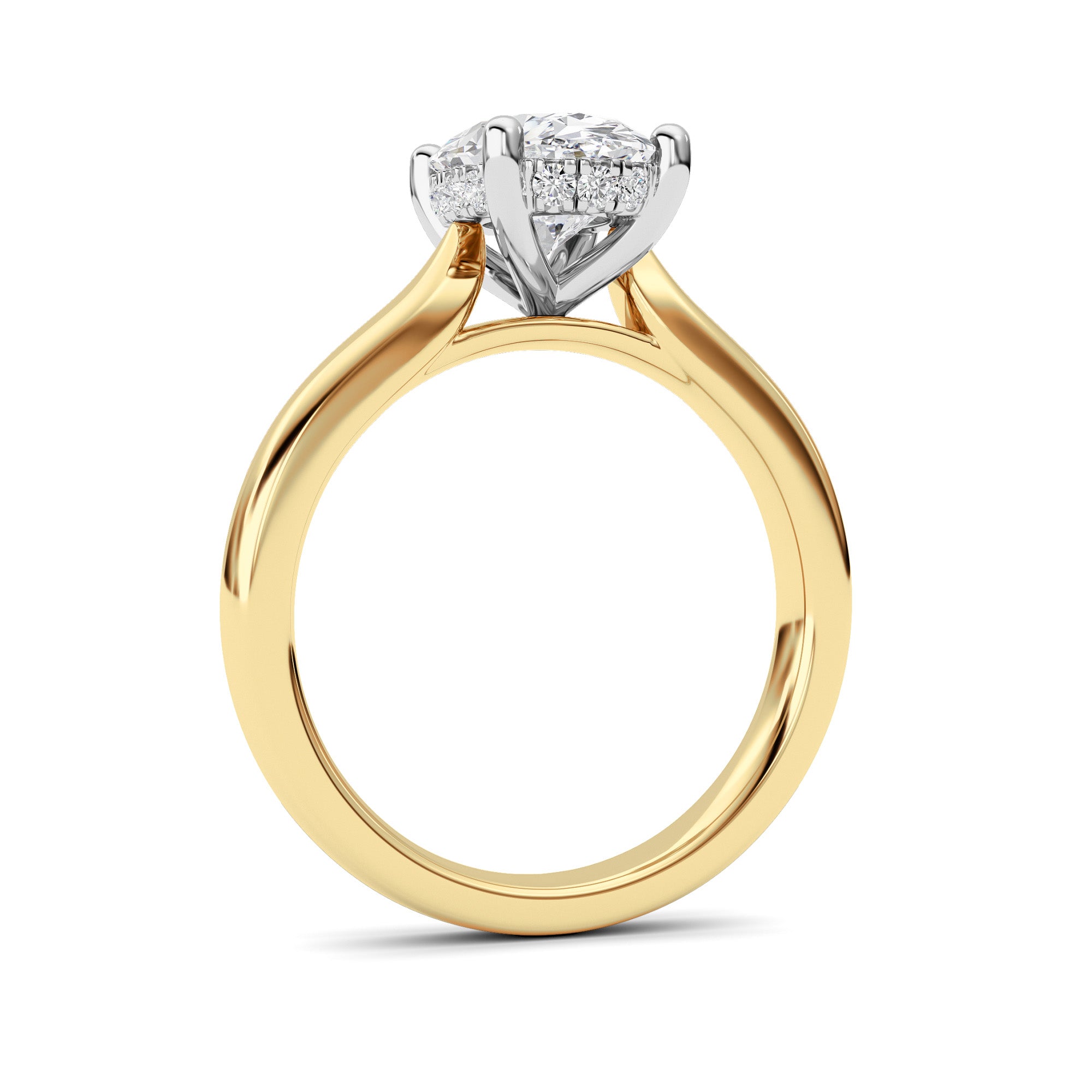 2Cttw Oval Shaped Lab Grown Diamond (F/VVS) HiddenHalo Cathedral Shank Engagement Ring in 14K Gold