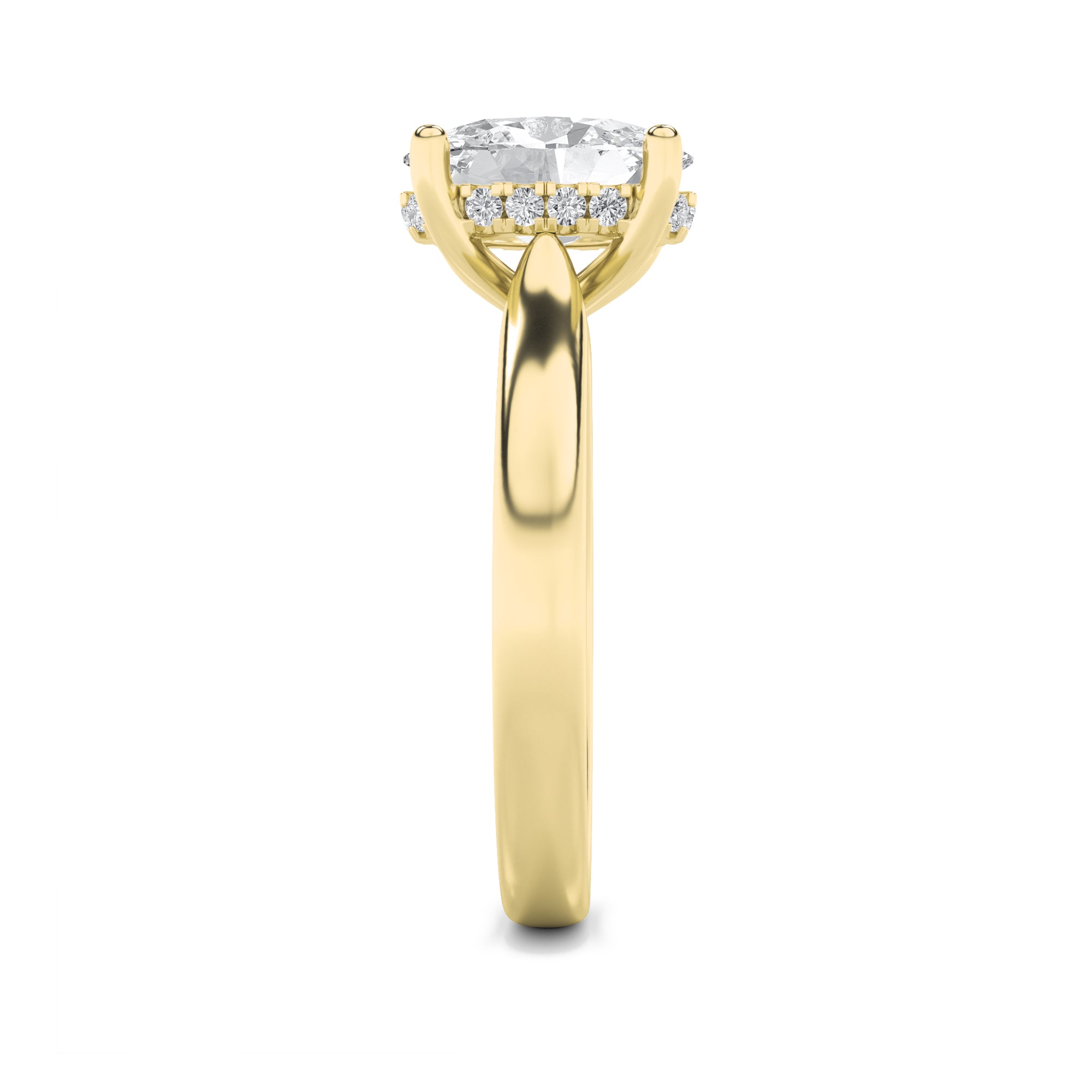 3Cttw Oval Shaped Lab Grown Diamond (F/VS) HiddenHalo Cathedral Shank Engagement Ring in 14K Gold