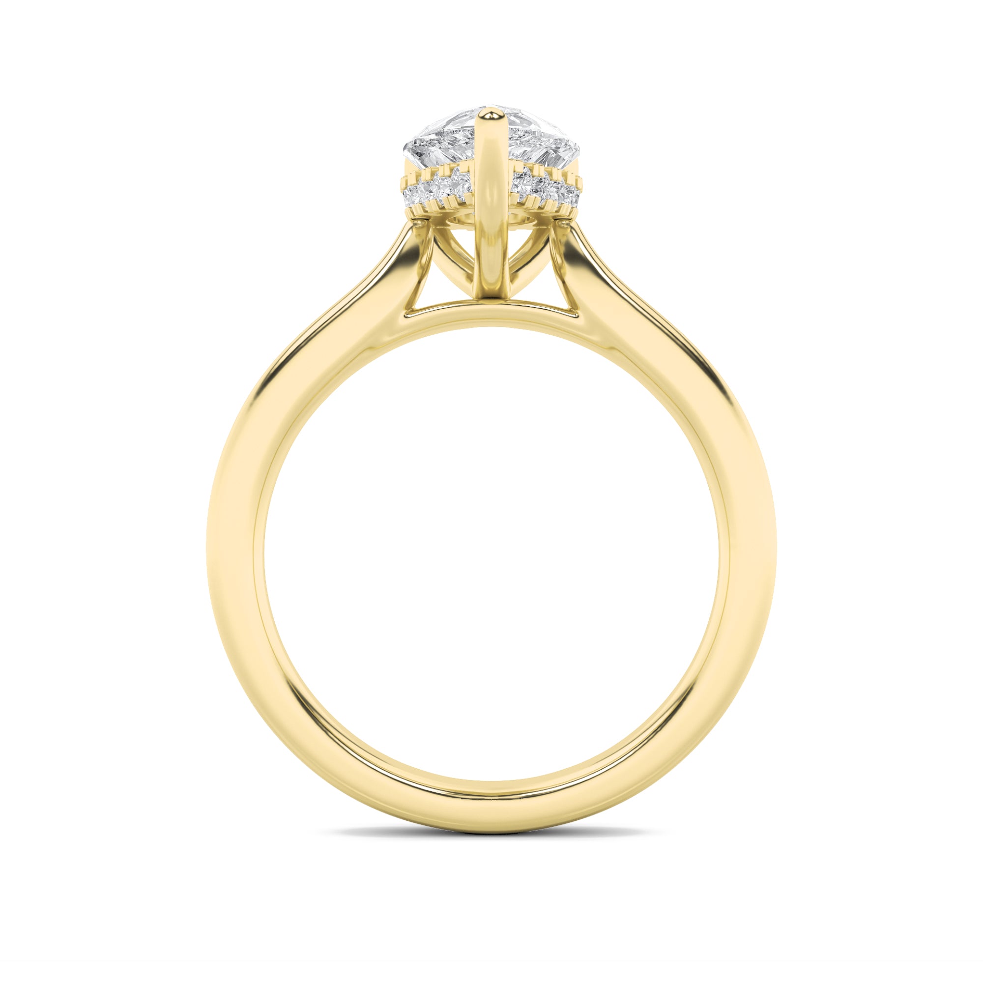 1Cttw Pear Shaped Lab Grown Diamond (F/VS) HiddenHalo Cathedral Shank Engagement Ring in 14K Gold