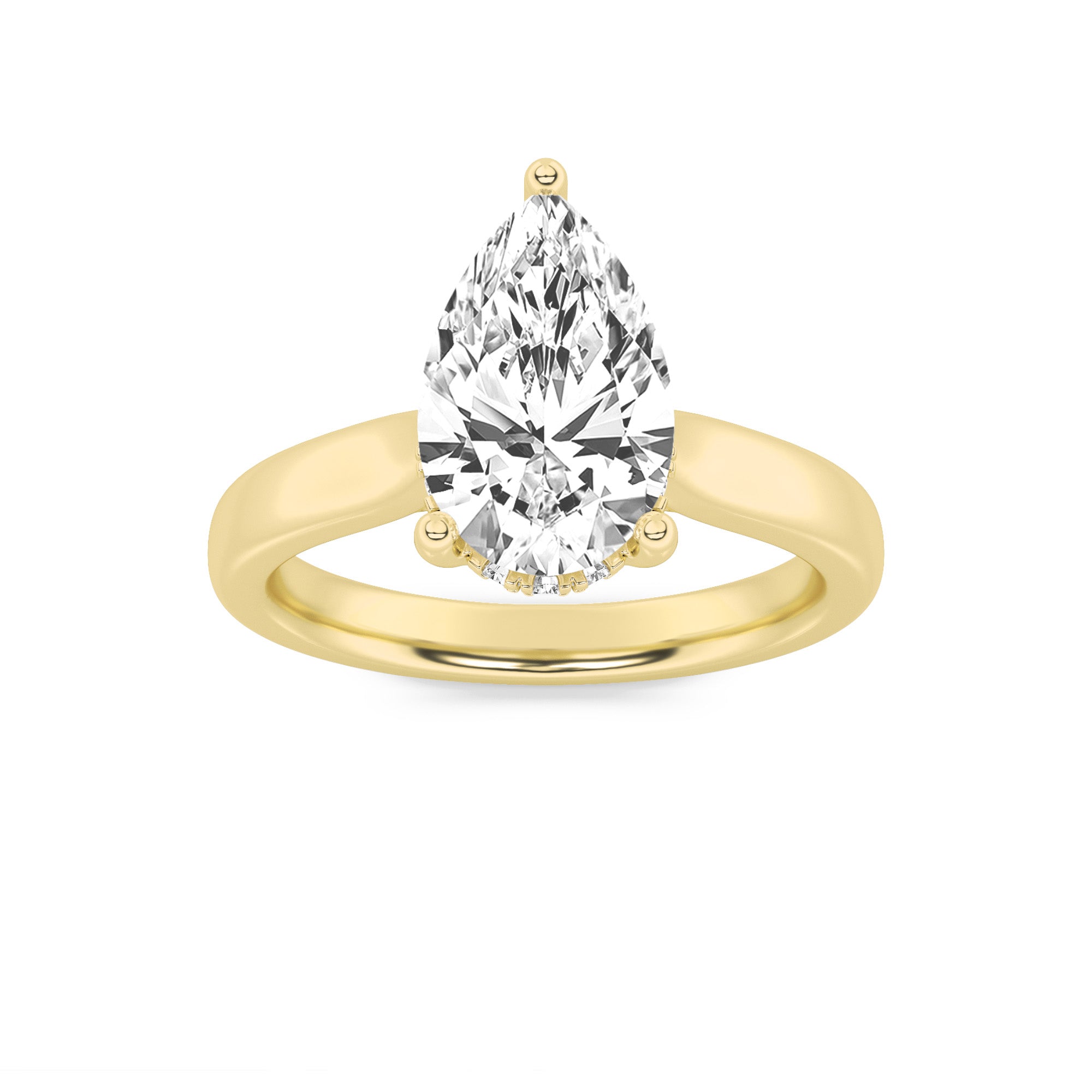 3Cttw Pear Shaped Lab Grown Diamond (F/VS) HiddenHalo Cathedral Shank Engagement Ring in 14K Gold