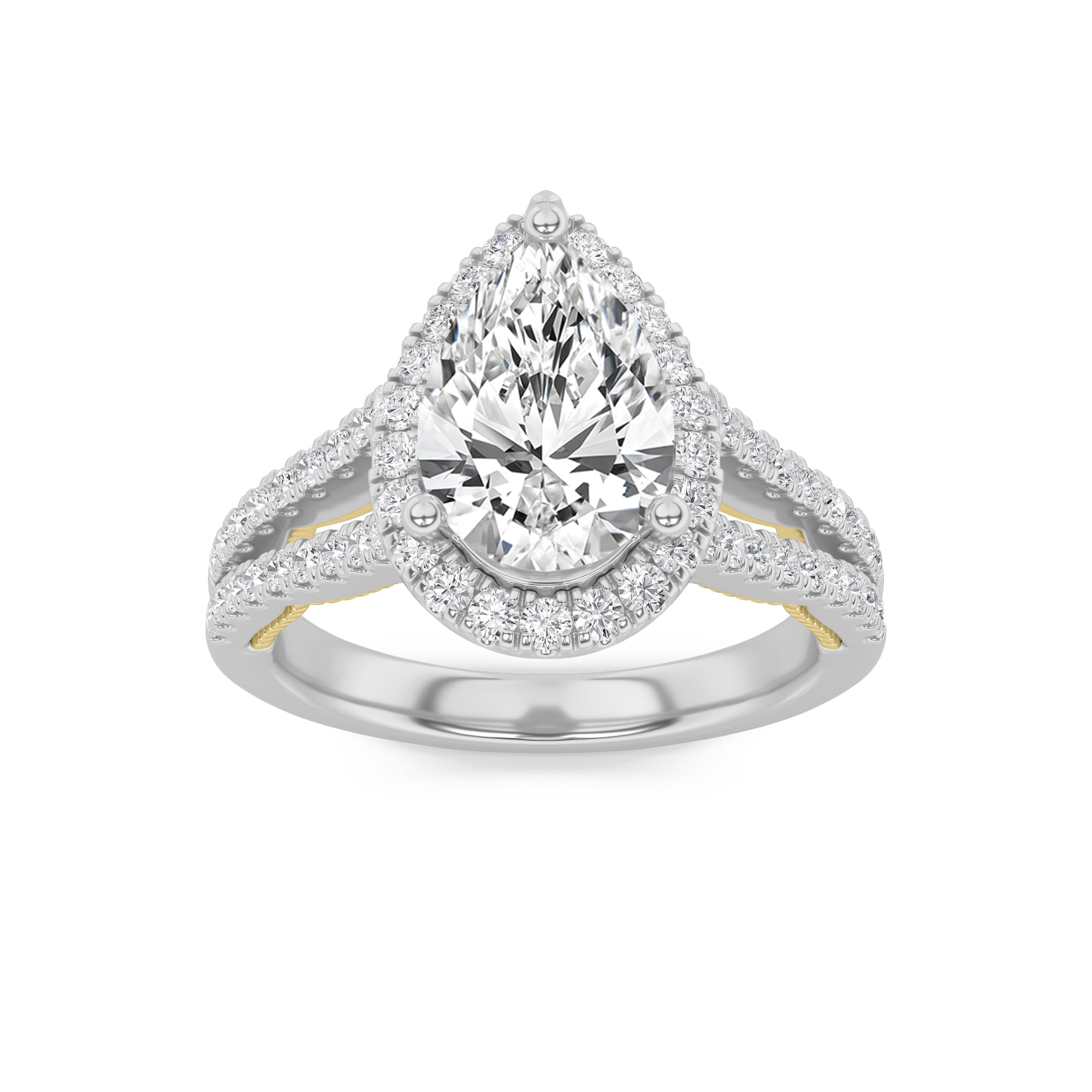 2Cttw Pear Shaped Lab Grown Diamond (F/VS) Split Shank Accented Ring in 14K Gold