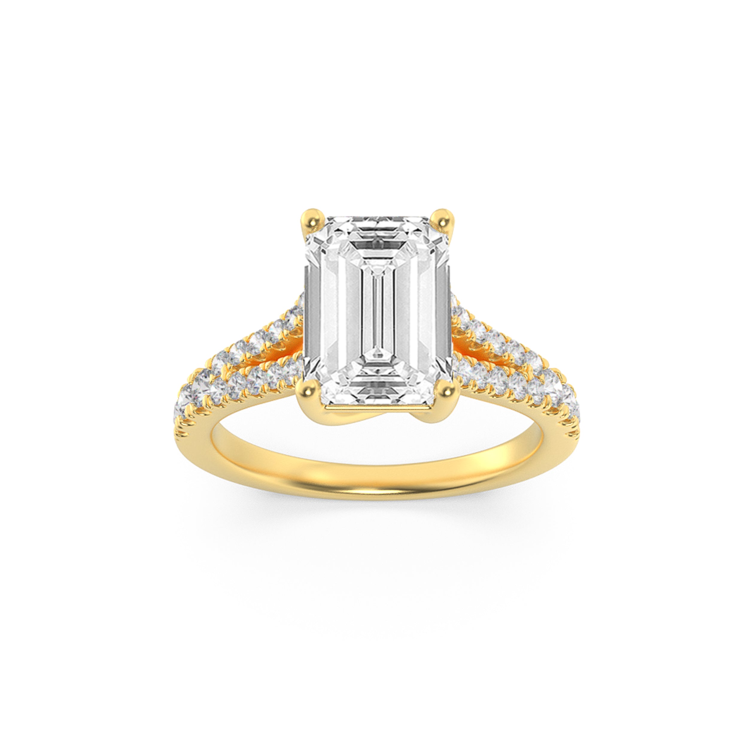 2Cttw Emerald Shaped Lab Grown Diamond (F/VS) Split Shank Trellis Engagement Ring in 14K Gold