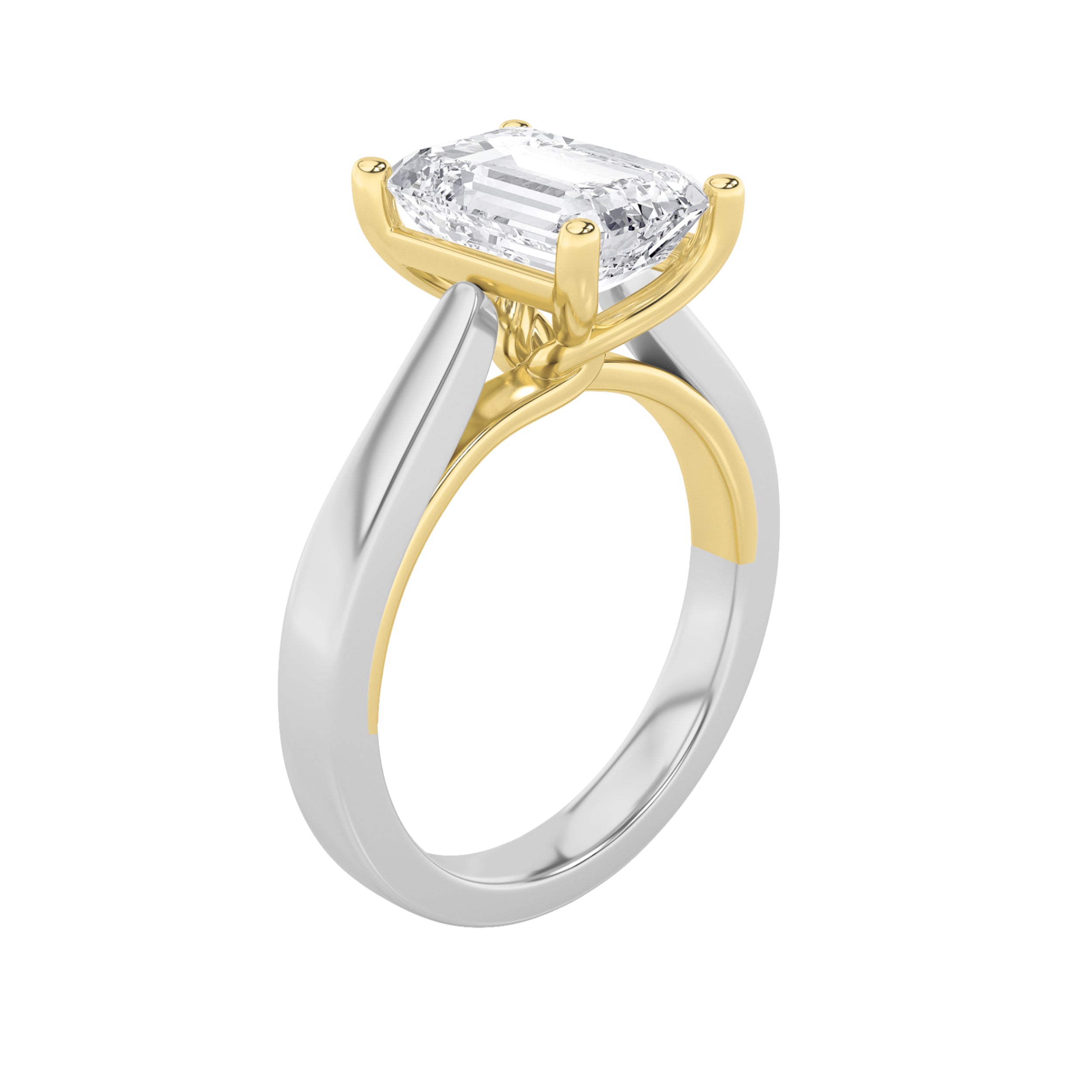 3Cttw Emerald Shaped Lab Grown Diamond (F/VS) TwoTone Twisted Basket Cathedral Shank Solitaire Ringin 14K Gold
