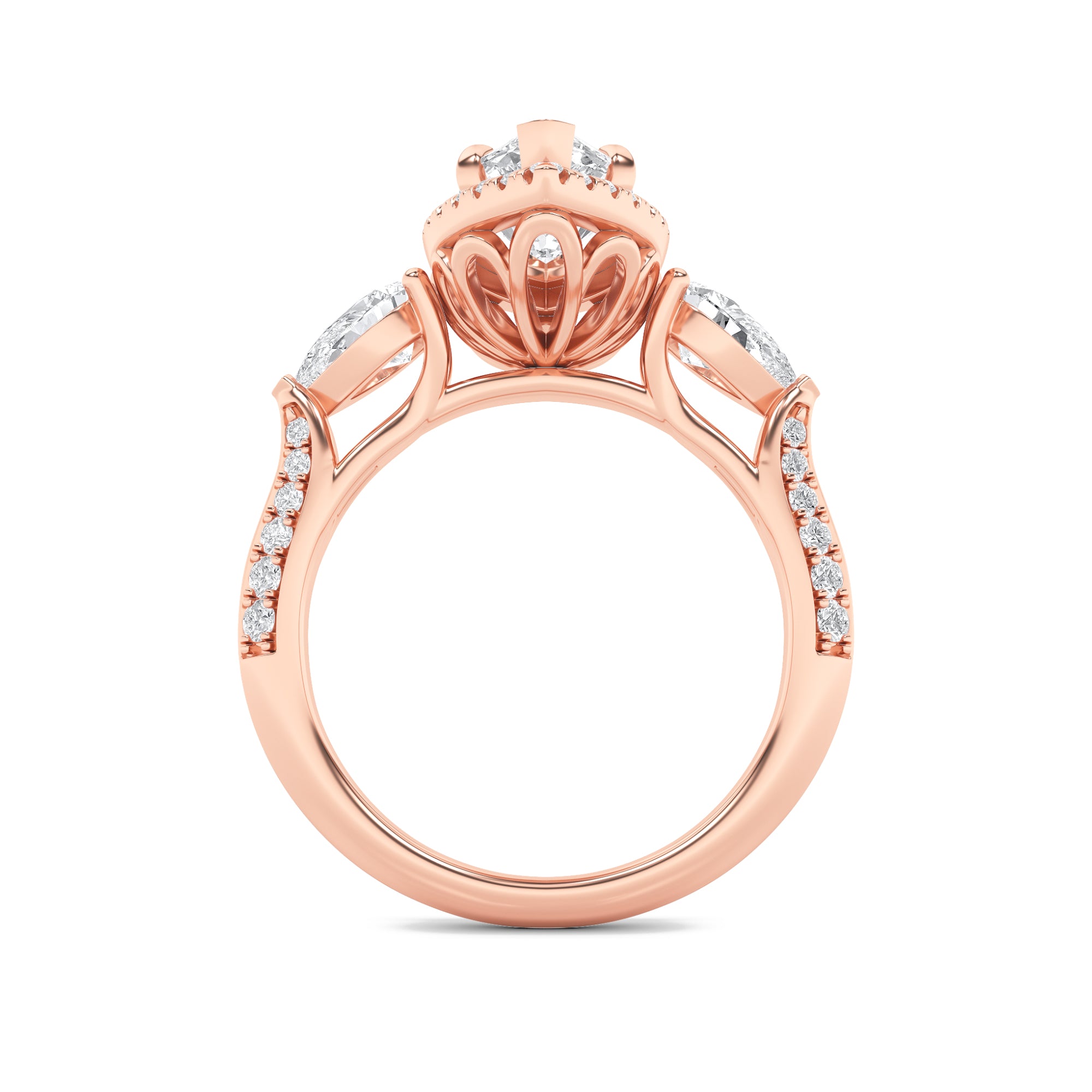3Cttw Marquise Shaped Lab Grown Diamond (F/VS) Three Stone Halo Enagement Ring in 14K Gold