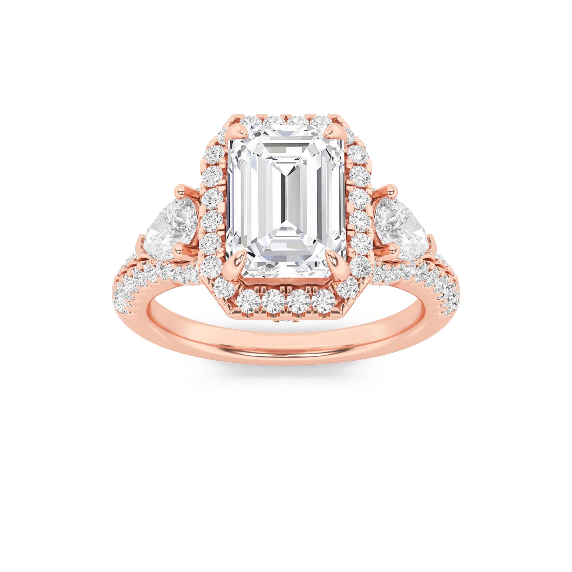 3Cttw Emerald Shaped Lab Grown Diamond (F/VS) Three Stone Bold Accented Engagement Ring in 14K Gold