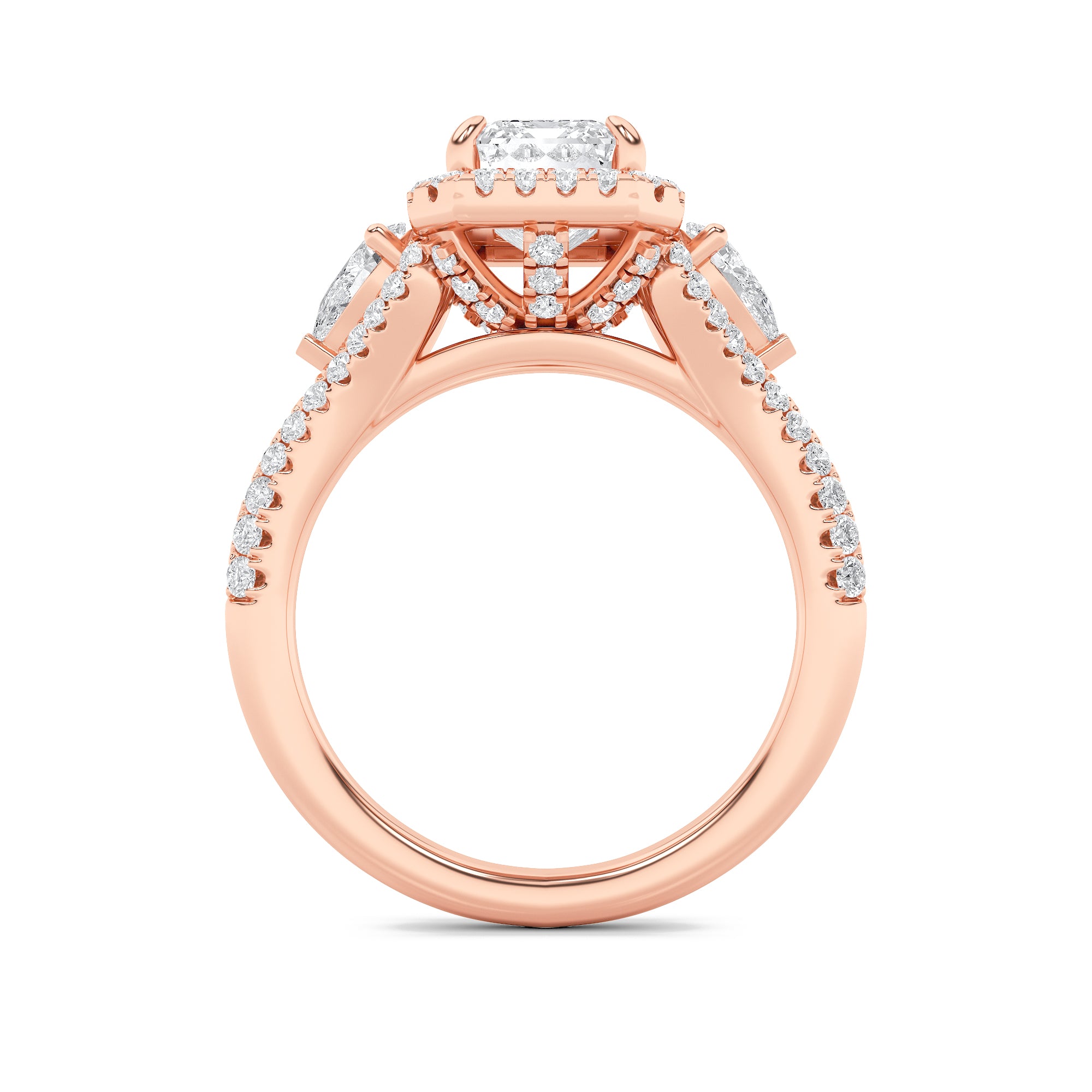 3Cttw Emerald Shaped Lab Grown Diamond (F/VS) Three Stone Bold Accented Engagement Ring in 14K Gold
