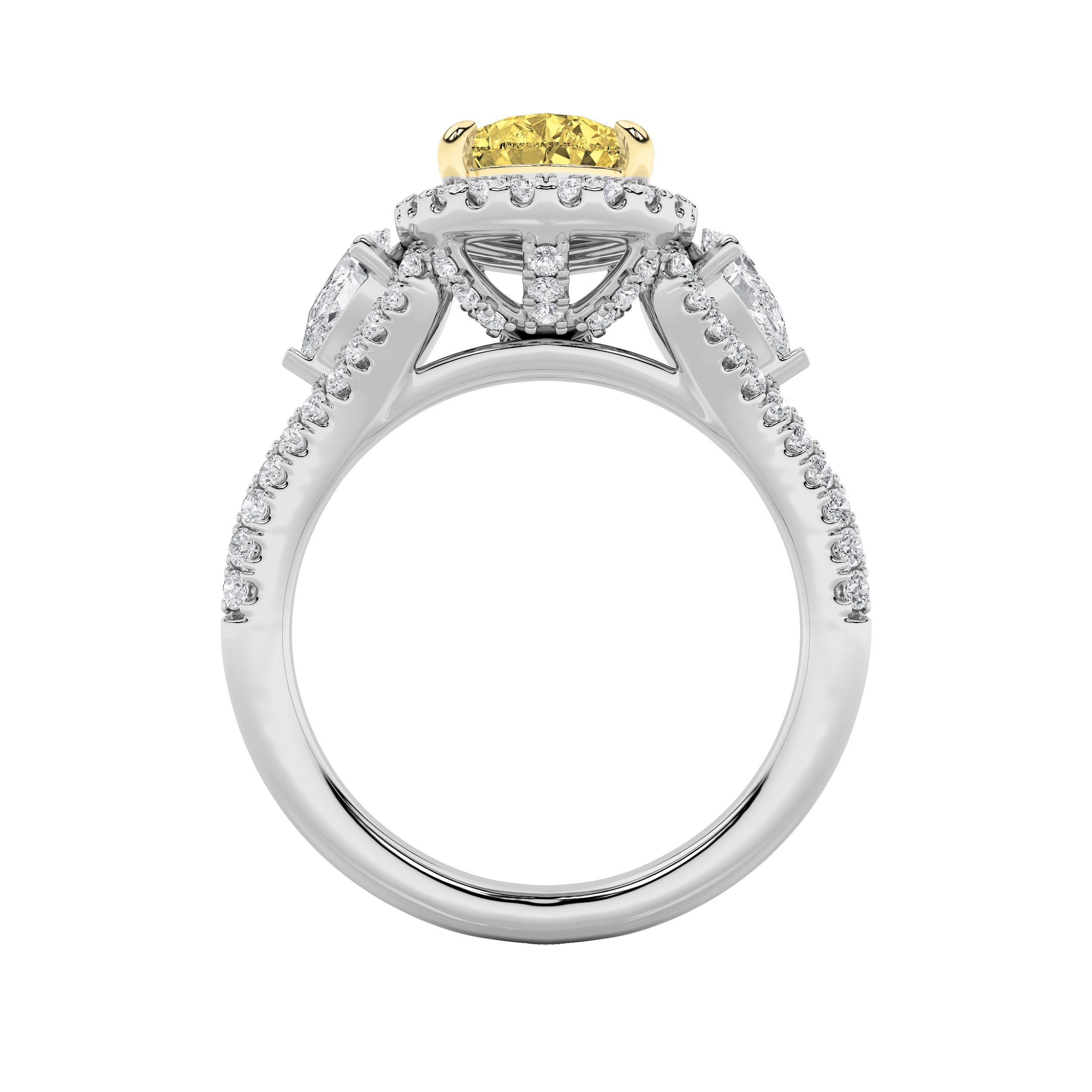 3Cttw Pear Shaped Lab Grown Diamond (F/VS) Three Stone Bold Accented Engagement Ring in 14K Gold