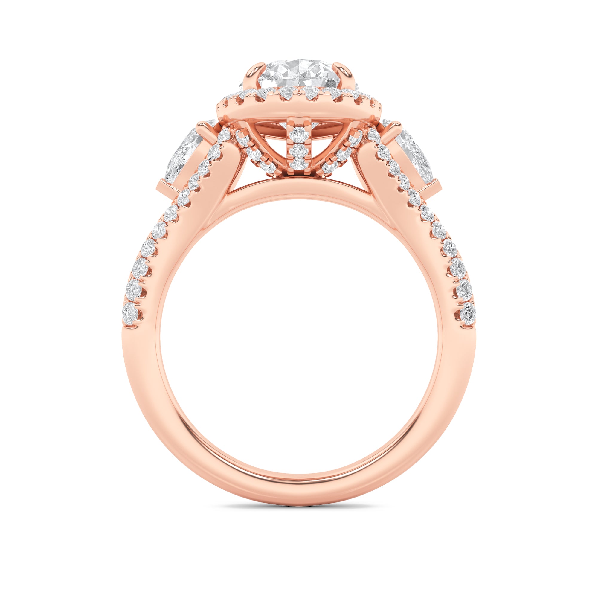 3Cttw Pear Shaped Lab Grown Diamond (F/VS) Three Stone Bold Accented Engagement Ring in 14K Gold