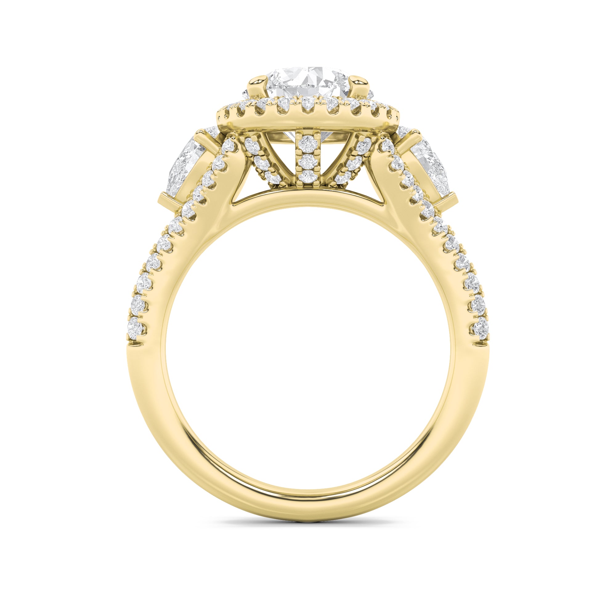 3Cttw Round Shaped Lab Grown Diamond (F/VS) ThreeStone Bold Accented Engagement Ring in 14K Gold