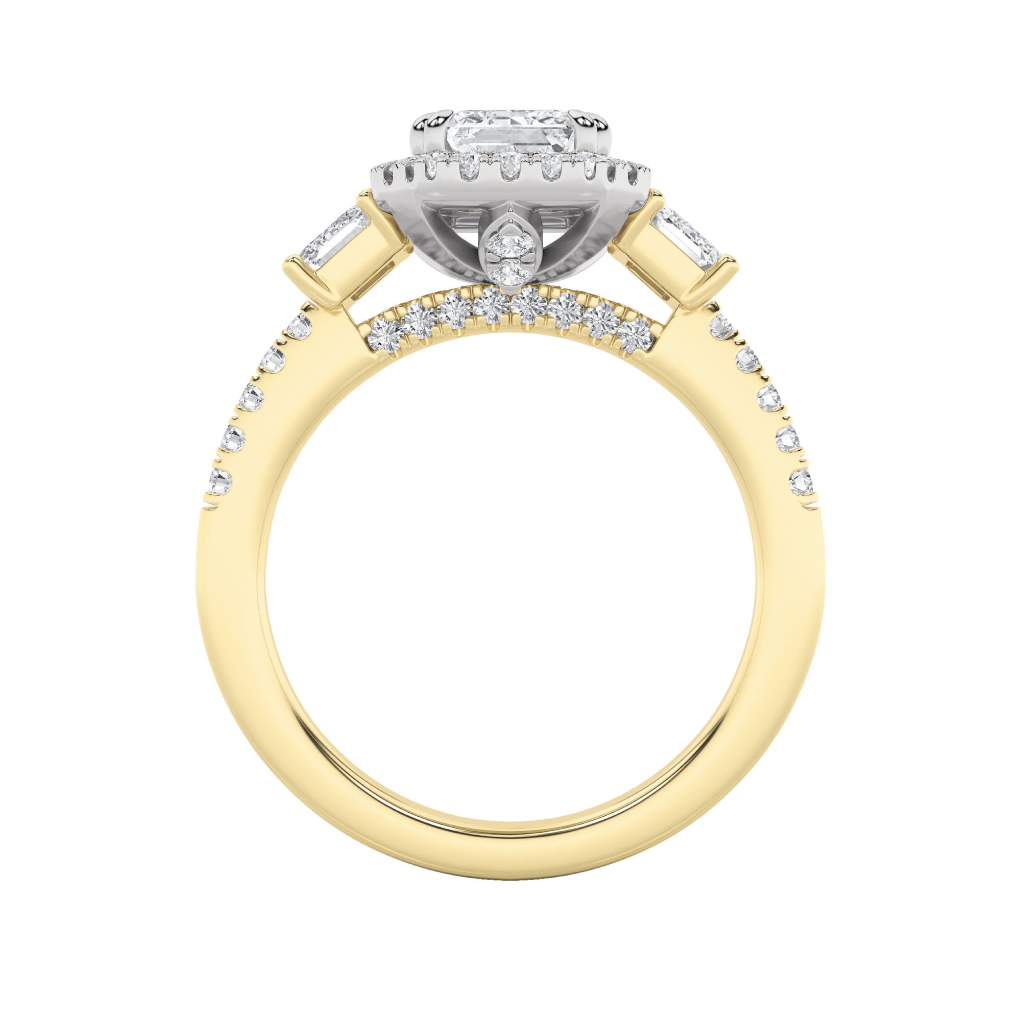3Cttw Emerald Shaped Lab Grown Diamond (G/VS) Three Stone Accented Engagement Ring in 14K Gold