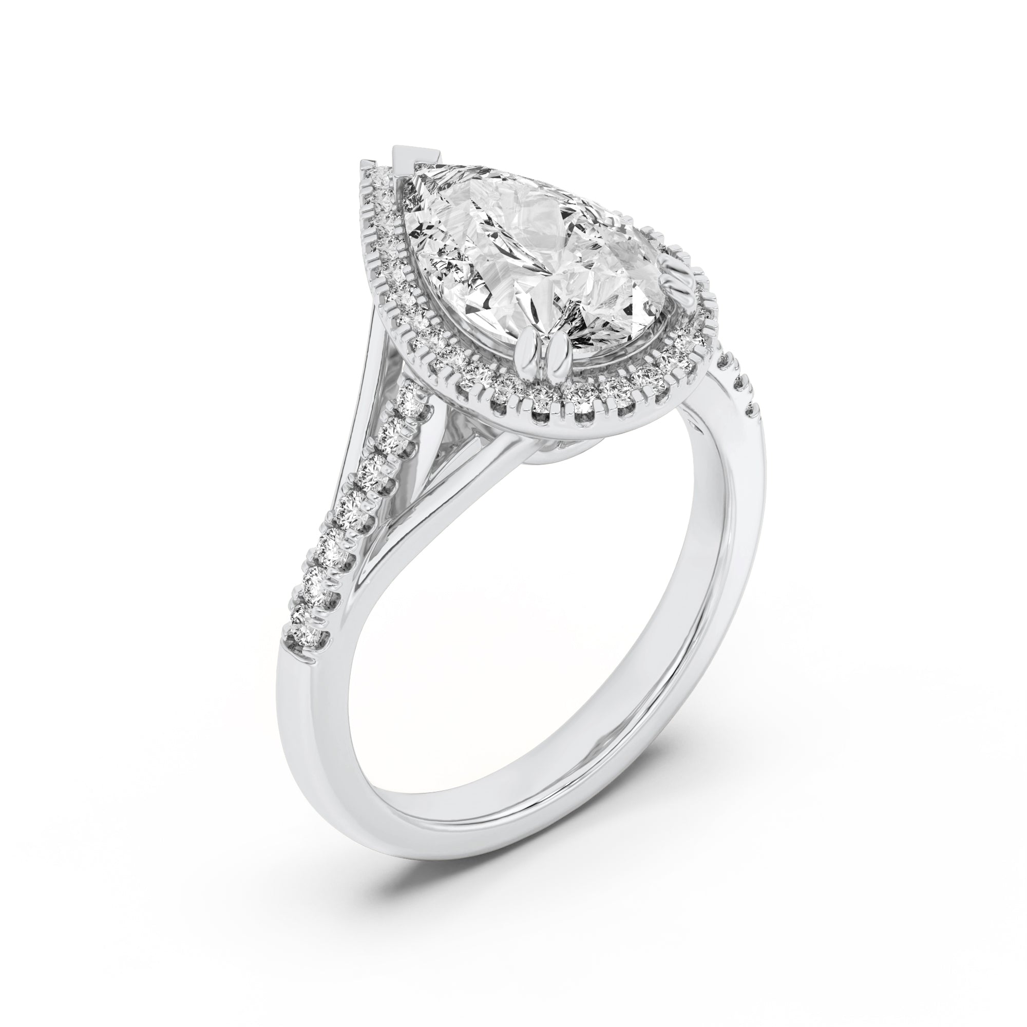 3Cttw Pear Shaped Lab Grown Diamond (F/VS) Halo Accented Engagement Ring in 14K Gold