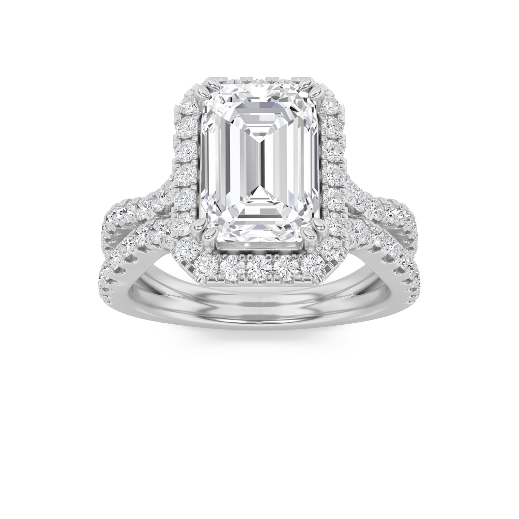 4Cttw Emerald Shaped Lab Grown Diamond (F/VS) Split Shank Halo Engagement Ring in 14K Gold