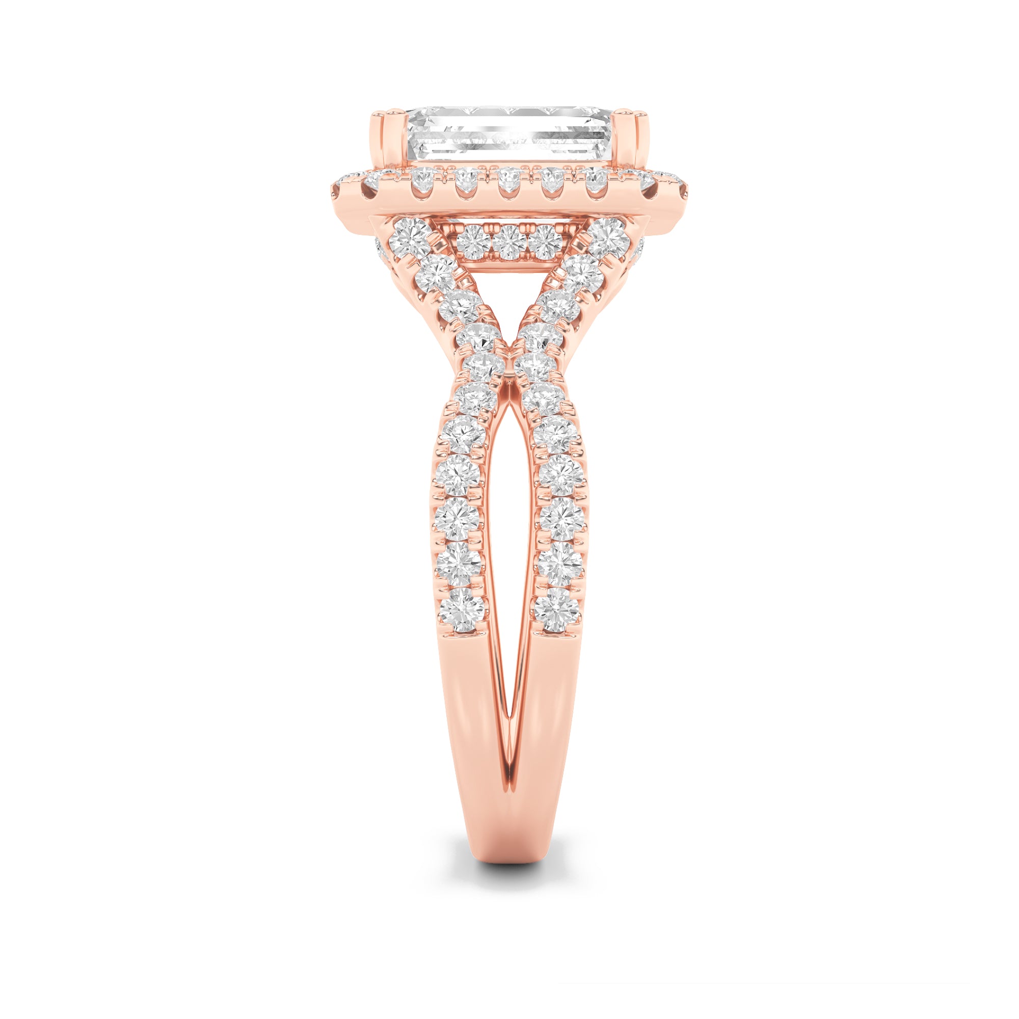 4Cttw Emerald Shaped Lab Grown Diamond (F/VS) Split Shank Halo Engagement Ring in 14K Gold