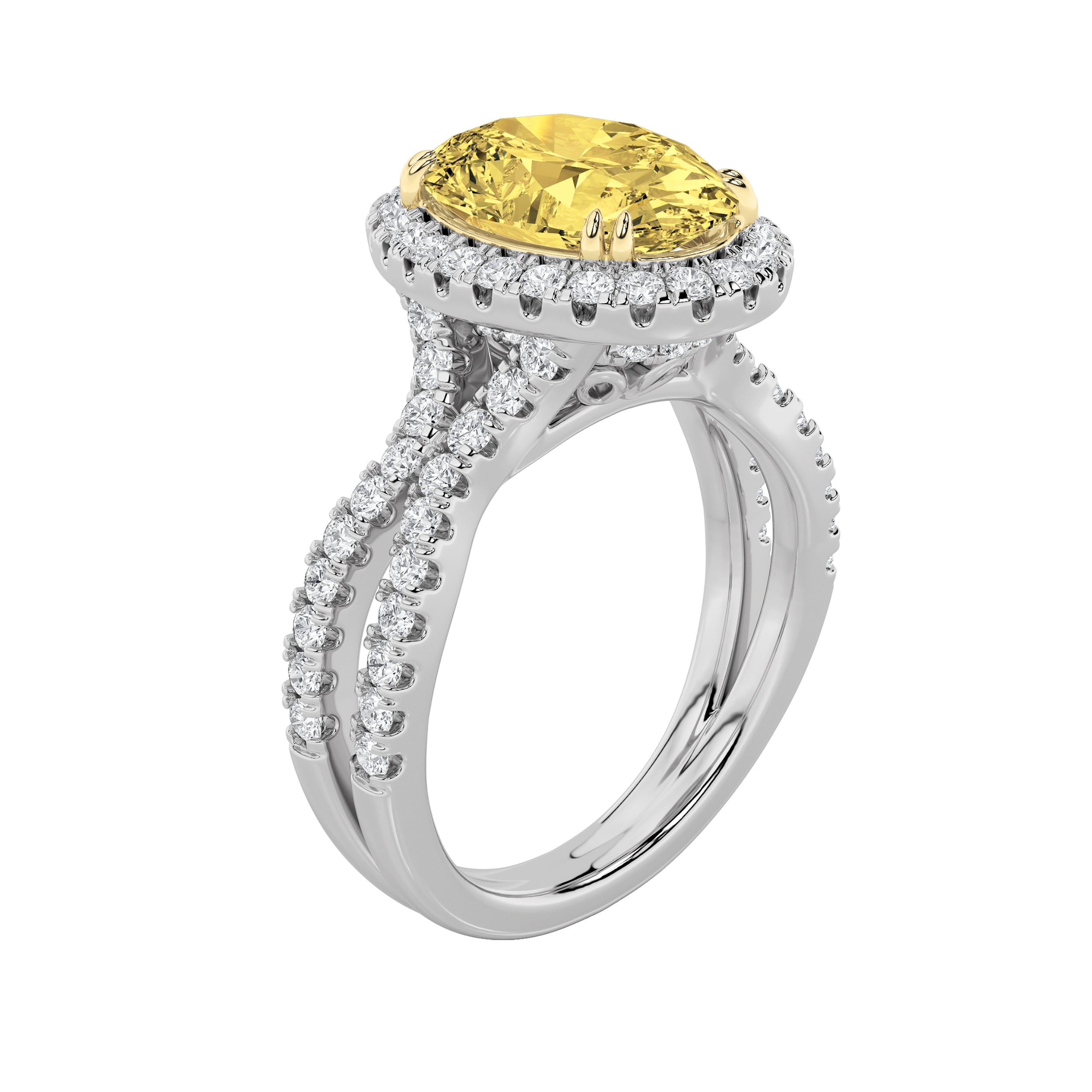 4Cttw Oval Shaped Lab Grown Diamond (F/VS) Split Shank Halo Engagement Ring in 14K Gold